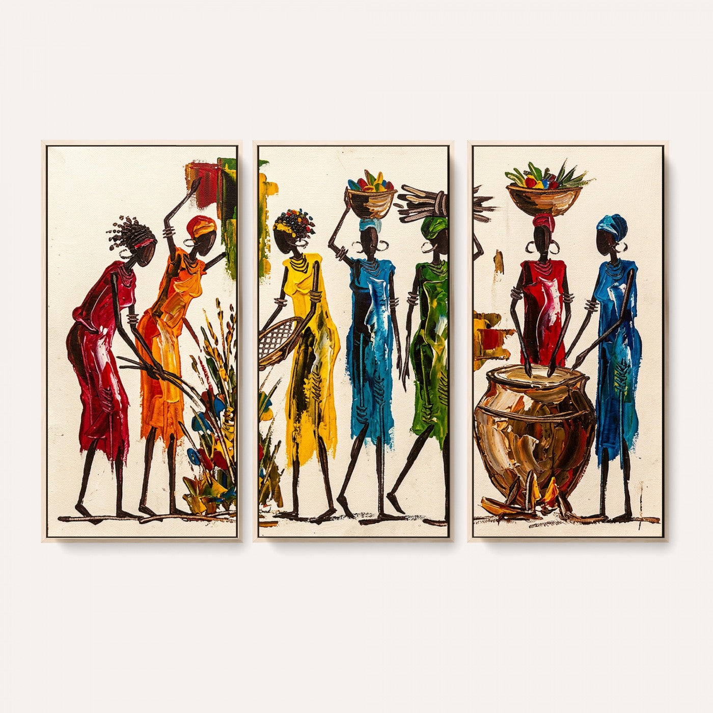 83463154-MGV-CV-36X24 - African Folk Art Canvas Wall Art, Colorful African Women Village Painting Print, Tribal Ethnic Home Decor, Vibrant African Art, Living Room
