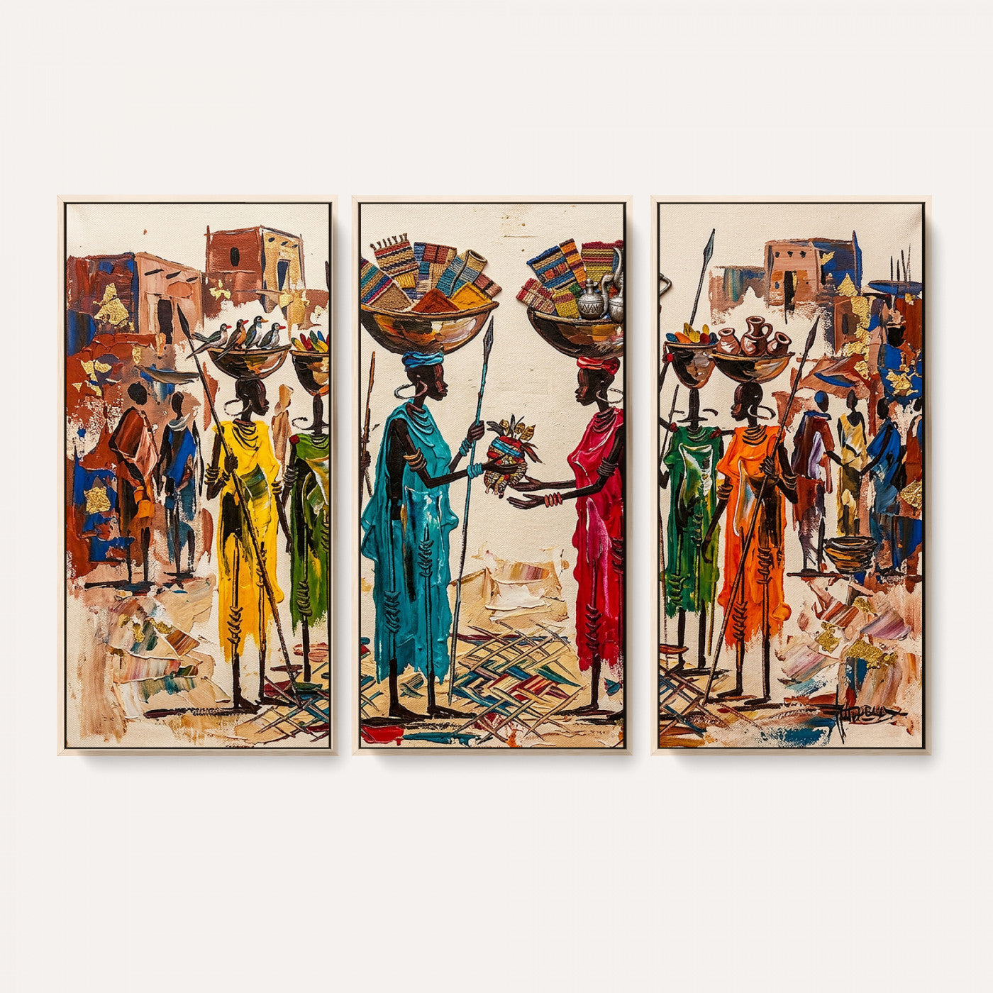 54818657-MGV-CV-36X24 - African Folk Art Canvas Wall Art, Colorful African Women Village Painting Print, Tribal Ethnic Home Decor, Vibrant African Art, Living Room