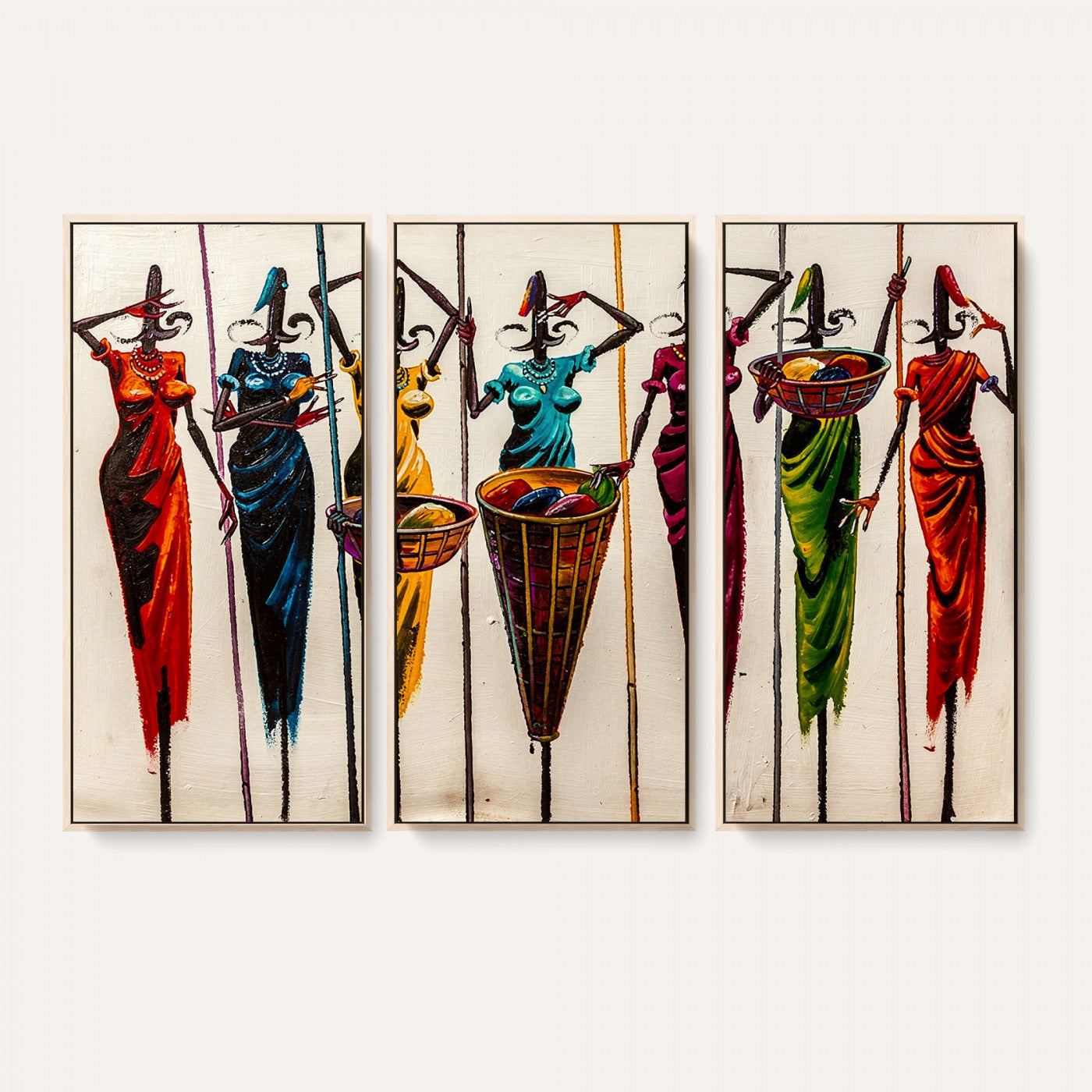53545627-MGV-CV-36X24 - African Folk Art Canvas Wall Art, Colorful African Women Village Painting Print, Tribal Ethnic Home Decor, Vibrant African Art, Living Room