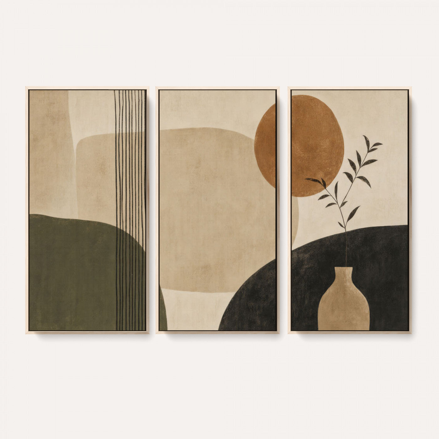 29113684-MGV-CV-36X24 - Japandi Minimalist Abstract Wall Art Canvas Print, Sage Green and Terracotta Sun Botanical Painting Print