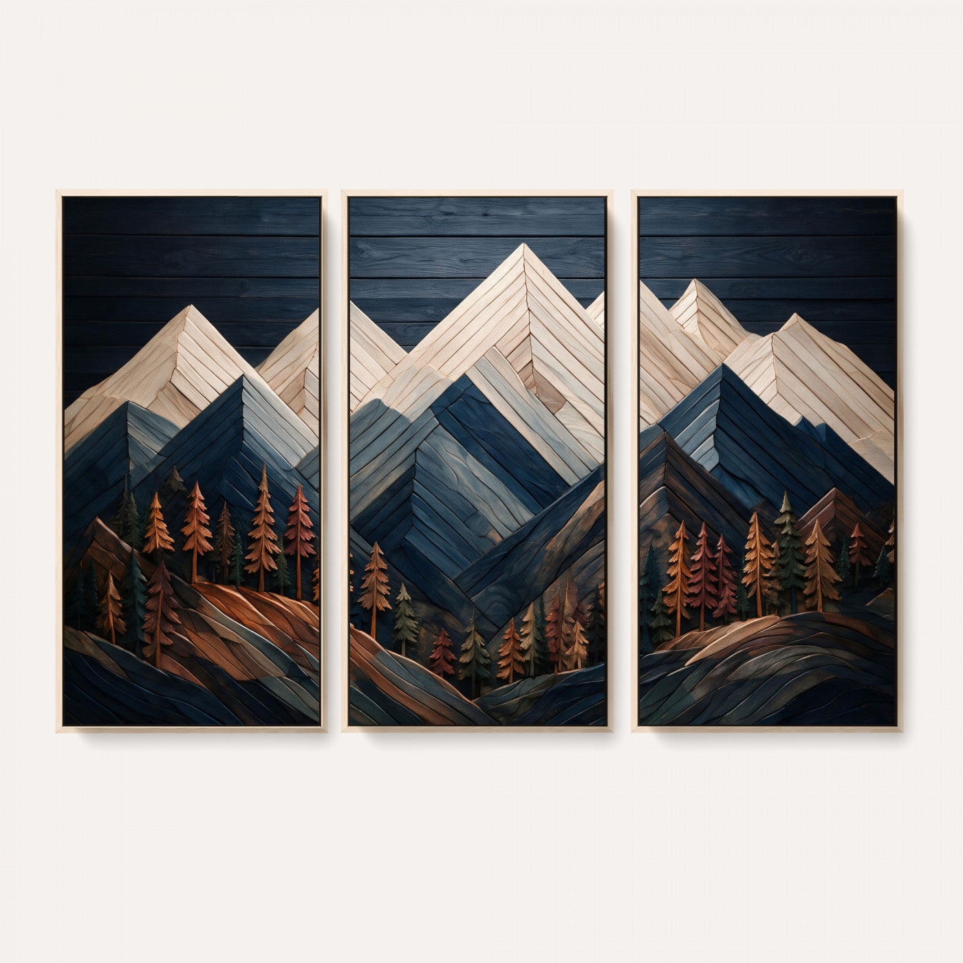 87765072-MGV-CV-36X24 - Geometric Wood Mountain Wall Art Canvas Print, 3D Look Rustic Mosaic Landscape Print