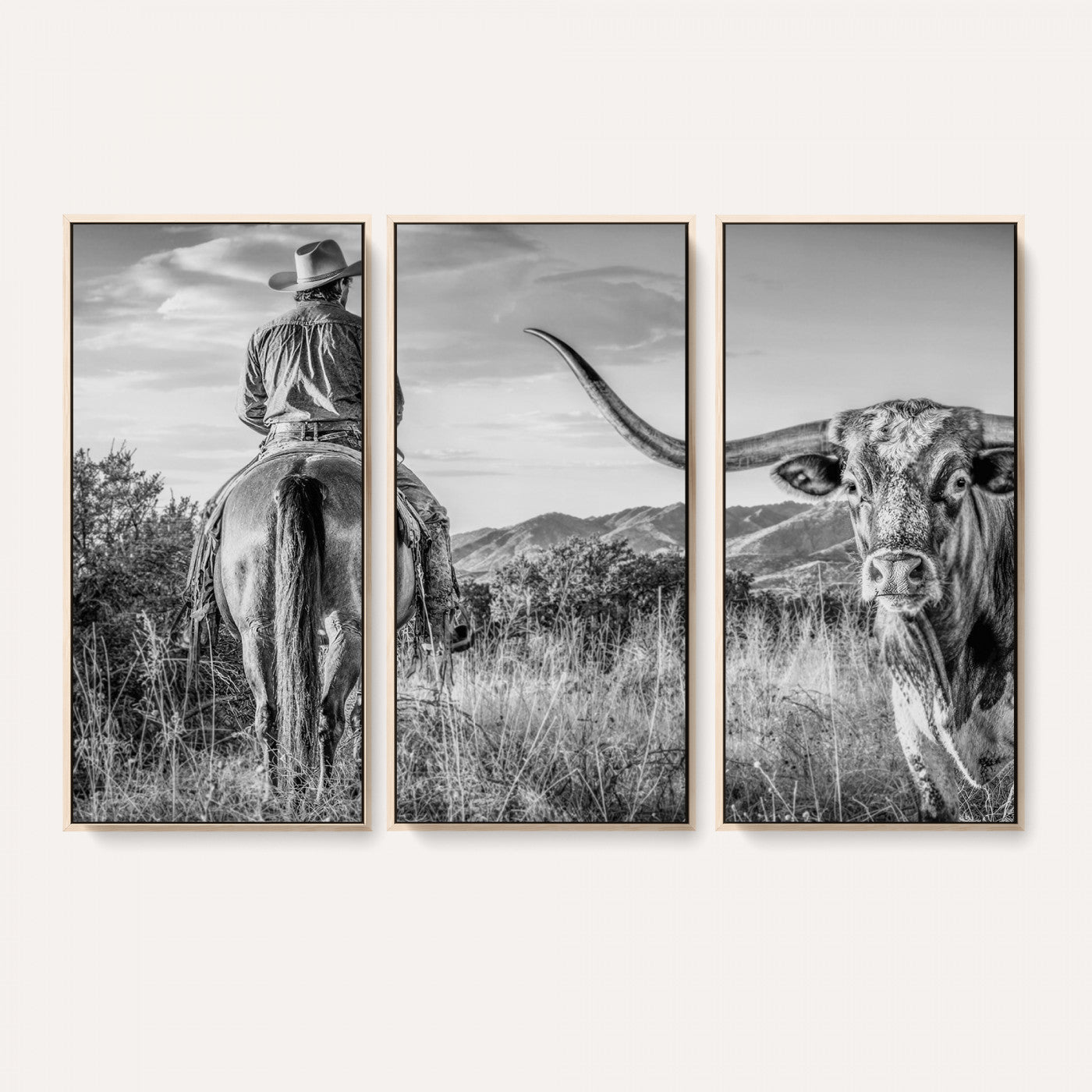 62076449WB-MGV-CV-36X24 - Texas Cowboy and Longhorn Bull Print for Western Wall Art Decor for Farmhouse