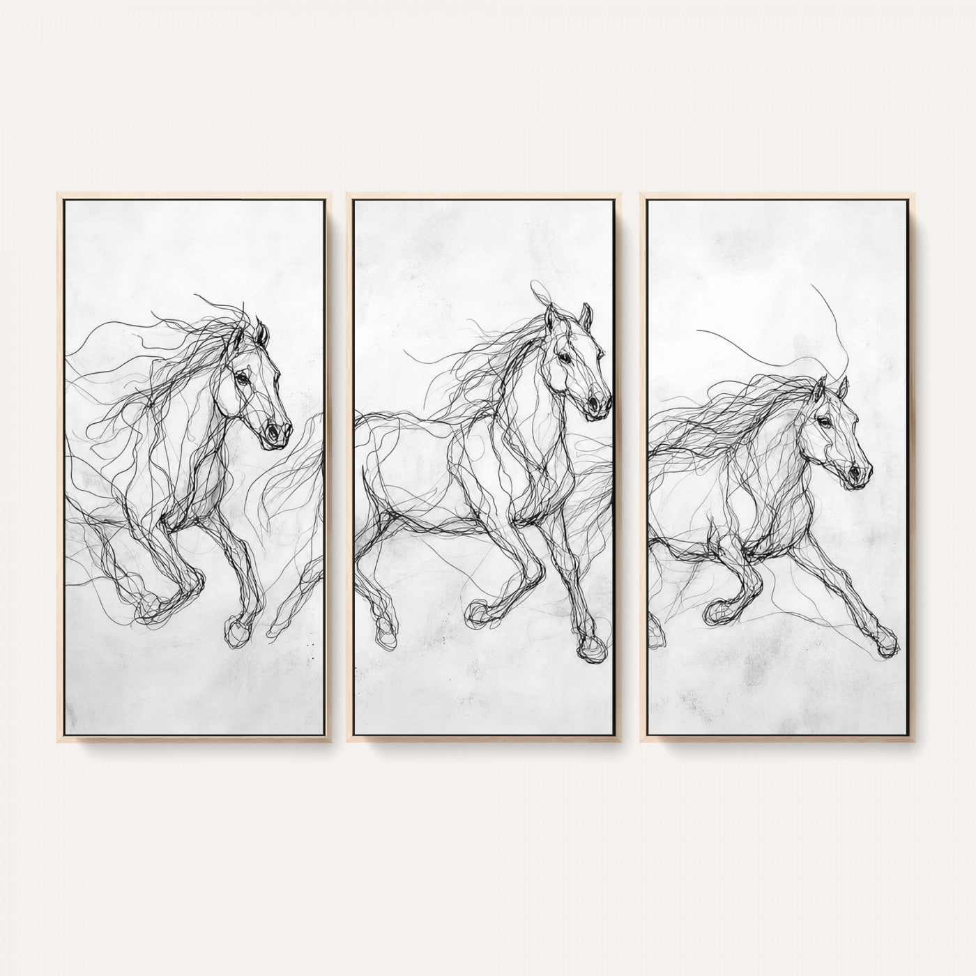 53600119-MGV-CV-36X24 - Monochrome Horse Canvas Wall Art, Black Ink Sketch Wild Horses Print, Minimalist Equestrian Artwork, Modern Abstract Line Decor, Urban Loft Gift
