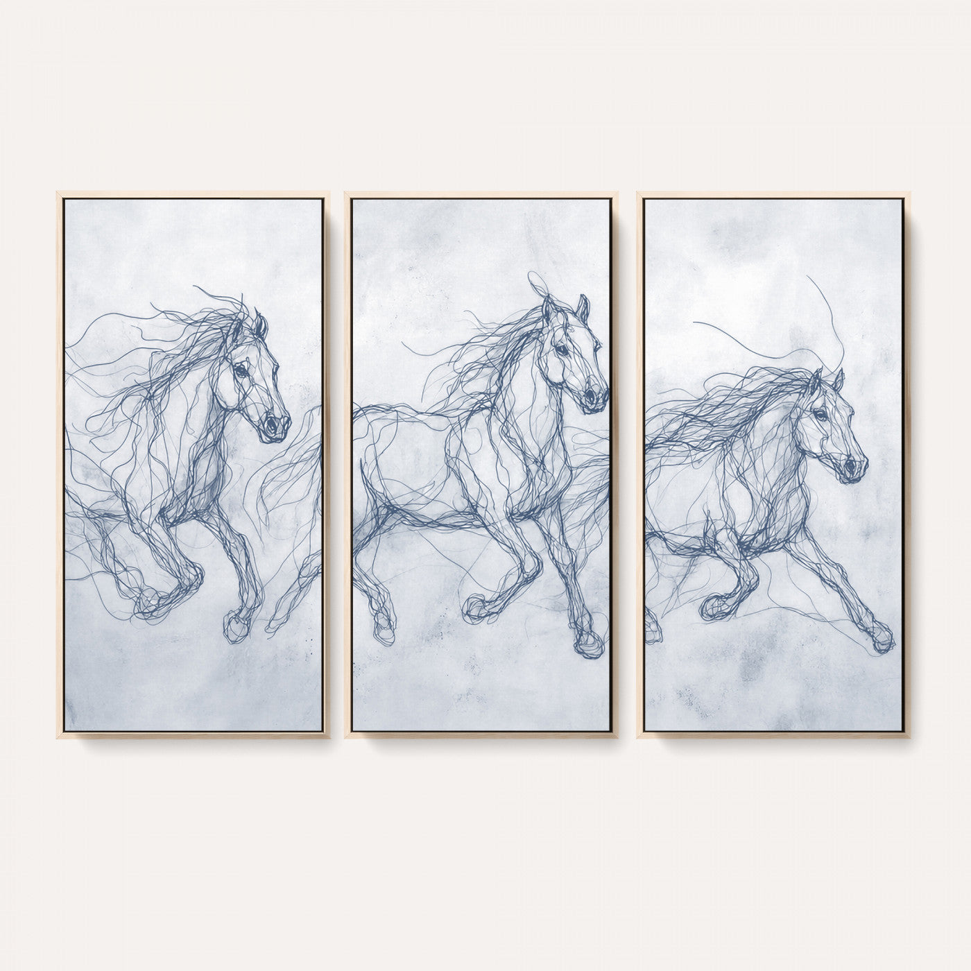 41163601-MGV-CV-36X24 - Indigo Blue Horse Line Art Canvas, Steel Grey Wild Horses Print, Abstract Navy Scribble Artwork, Modern Slate Equine Wall Decor, Coastal Ranch Gift