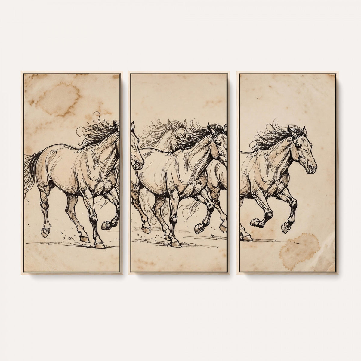 18242163-MGV-CV-36X24 - Vintage Horse Sketch Canvas Wall Art, Wild Horses Pencil Drawing Print, Antique Parchment Western Decor, Equine Sketching, Country Manor Gift