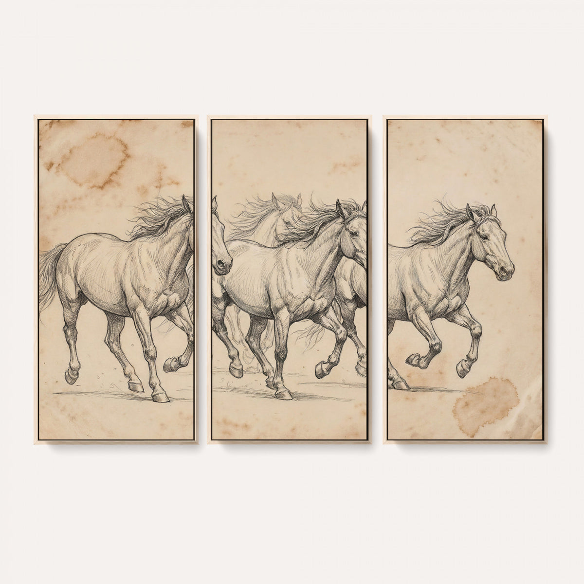 16644391-MGV-CV-36X24 - Vintage Horse Sketch Canvas Wall Art, Wild Horses Pencil Drawing Print, Antique Parchment Western Decor, Equine Sketching, Country Manor Gift