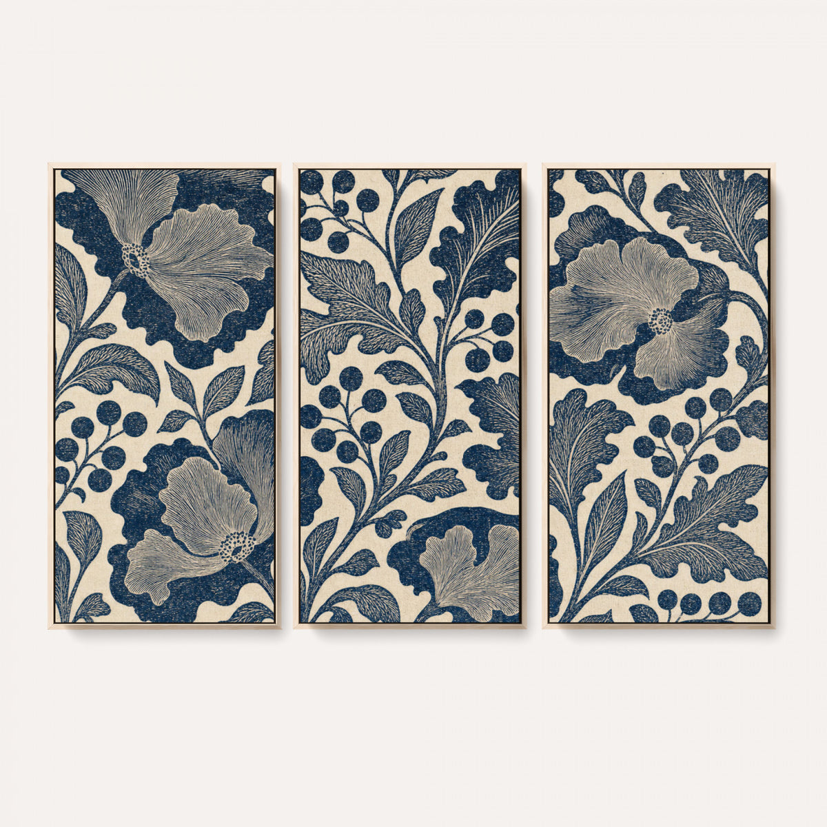 23824002-MGV-CV-36X24 - William Morris Style Navy Blue Floral Wall Art Canvas Print, Vintage Cream Botanical Painting Print