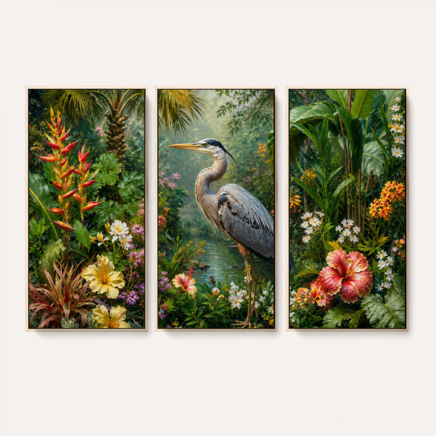 81059387-MGV-CV-36X24 - Great Blue Heron Tropical Jungle Wall Art Canvas Print, Exotic Botanical Garden Painting Print