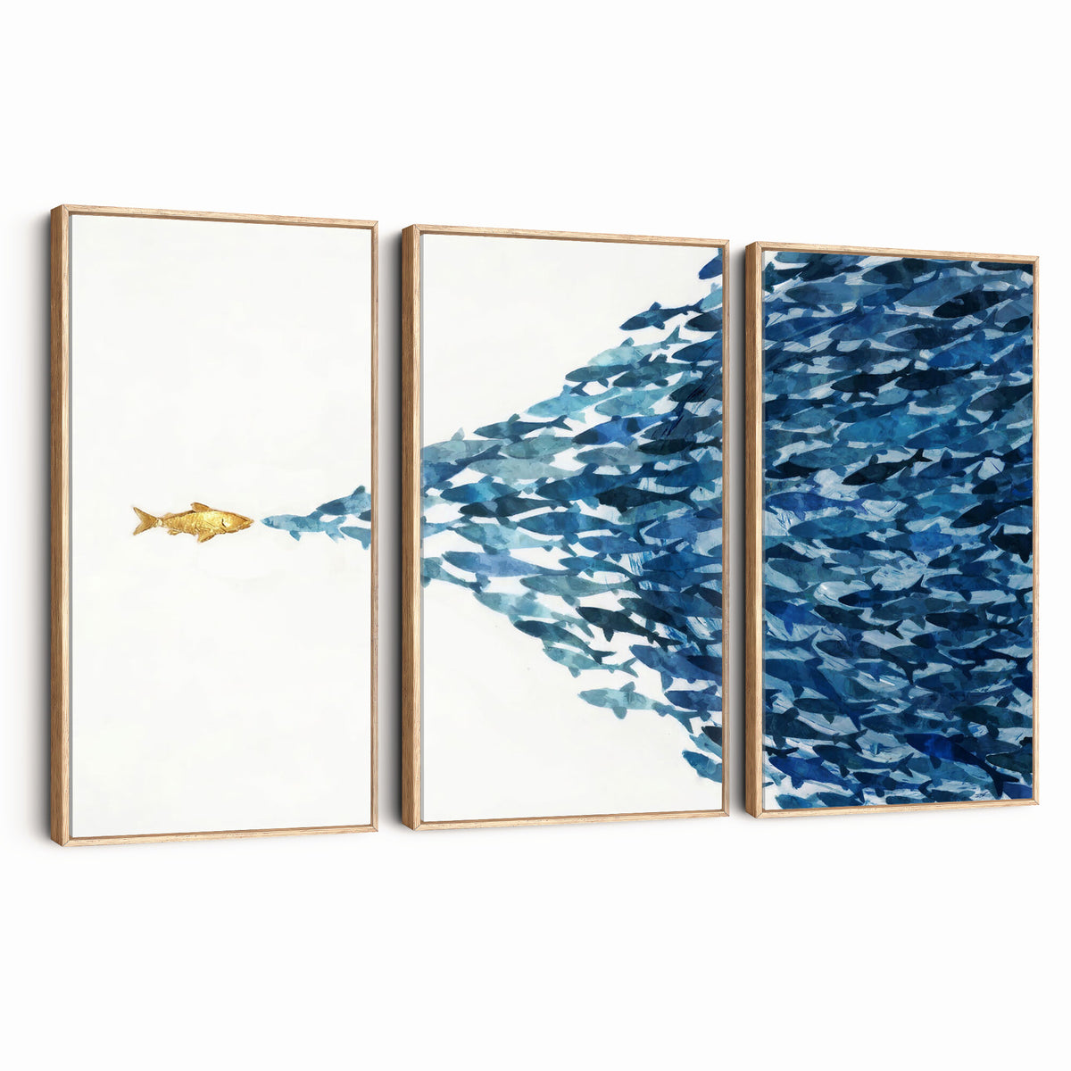 79089639-MGV-CV-36X24 - Abstract Blue Fish School Canvas Wall Art, Gold Foil Accent Marine Print