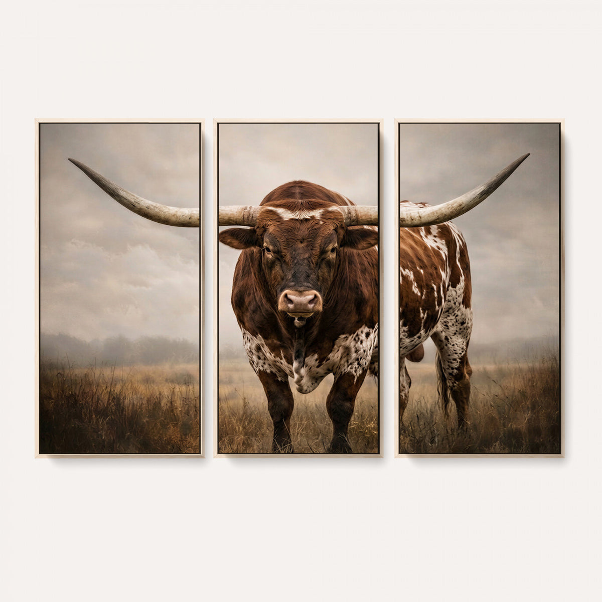 25239047A-MGV-CV-36X24 - Texas Longhorn Canvas Wall Art Western Bull Desert Moody Grey Overcast Rustic Farmhouse Framed Large for Living Room Bedroom Office Decor