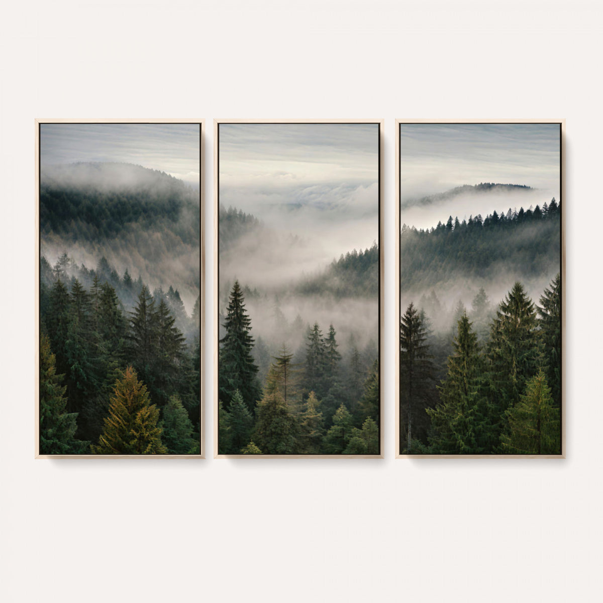 38409495-_Poster-30x20 - Misty Pine Valley Mountain Canvas Print 3 Piece Framed Wall Art Extra Large Floating Frame Nature Poster Made in USA