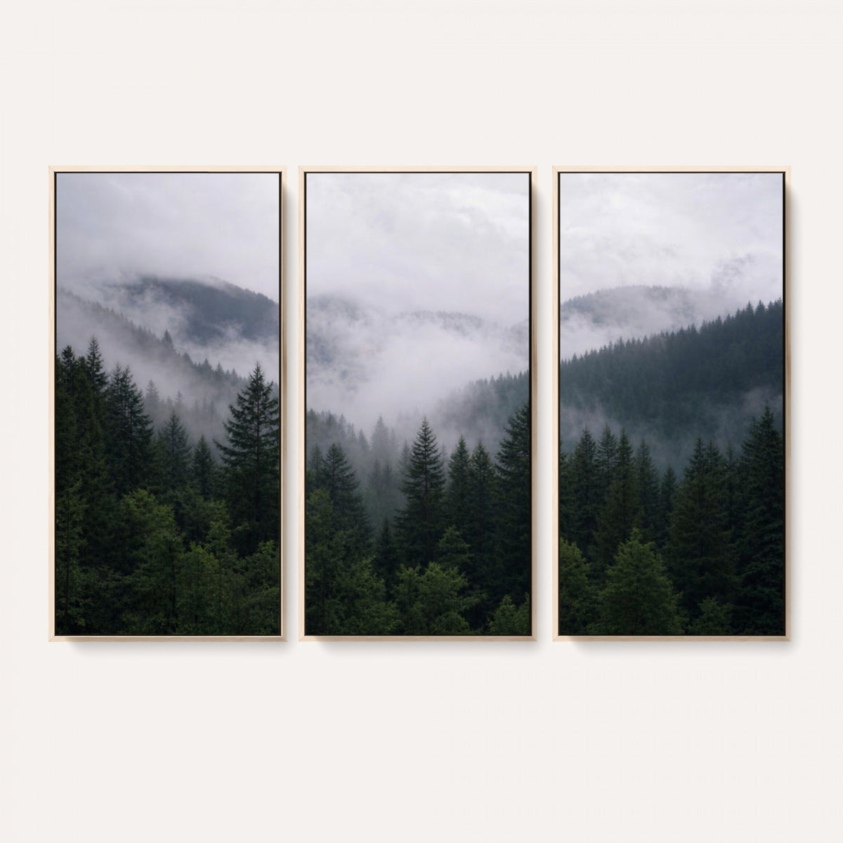25432119-_Poster-30x20 - Misty Mountain Pine Forest Canvas Print 3 Piece Framed Wall Art Extra Large Floating Frame Nature Poster Made in USA