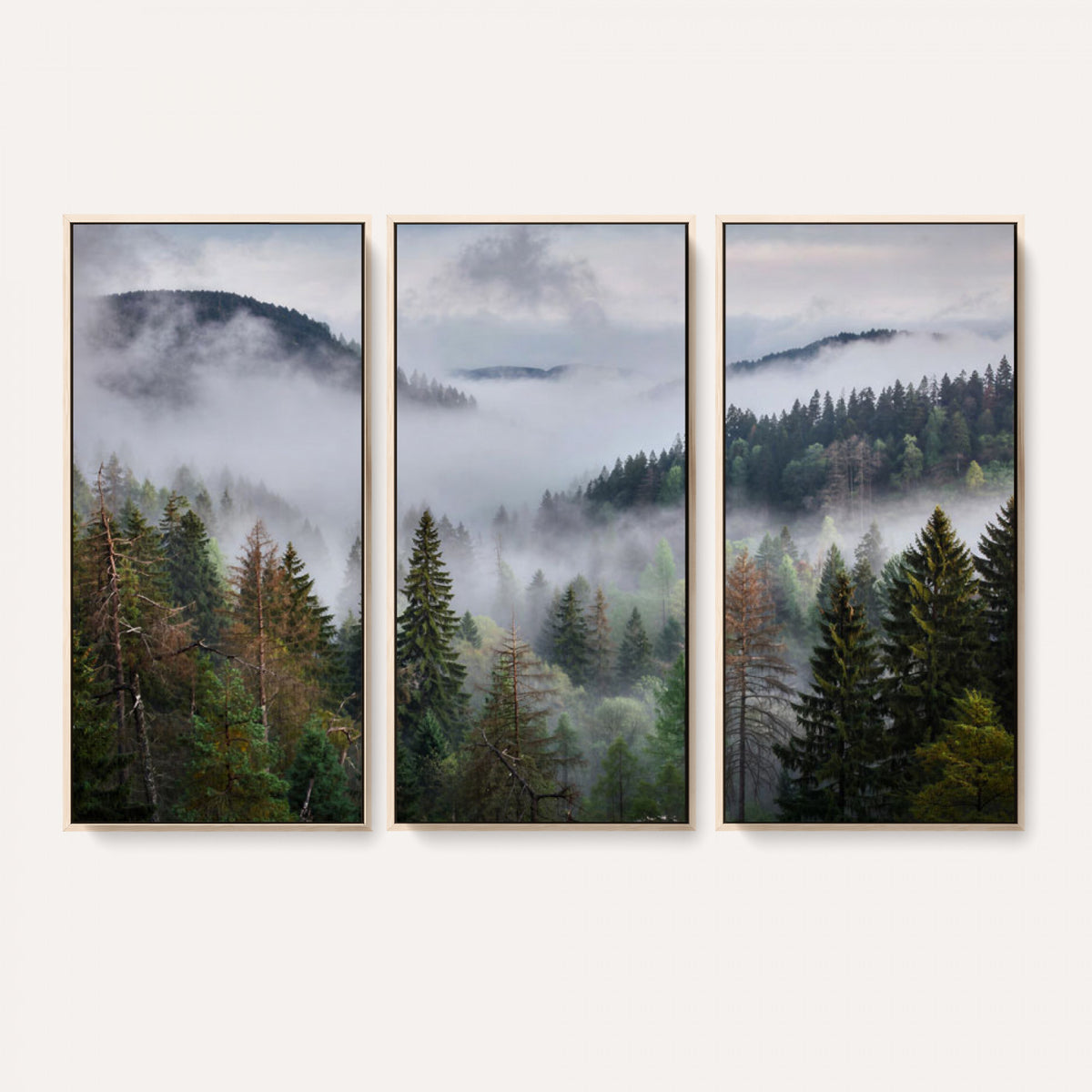18735847-_Poster-30x20 - Foggy Pine Forest Mountain Canvas Print 3 Piece Framed Wall Art Extra Large Floating Frame Nature Poster Made in USA