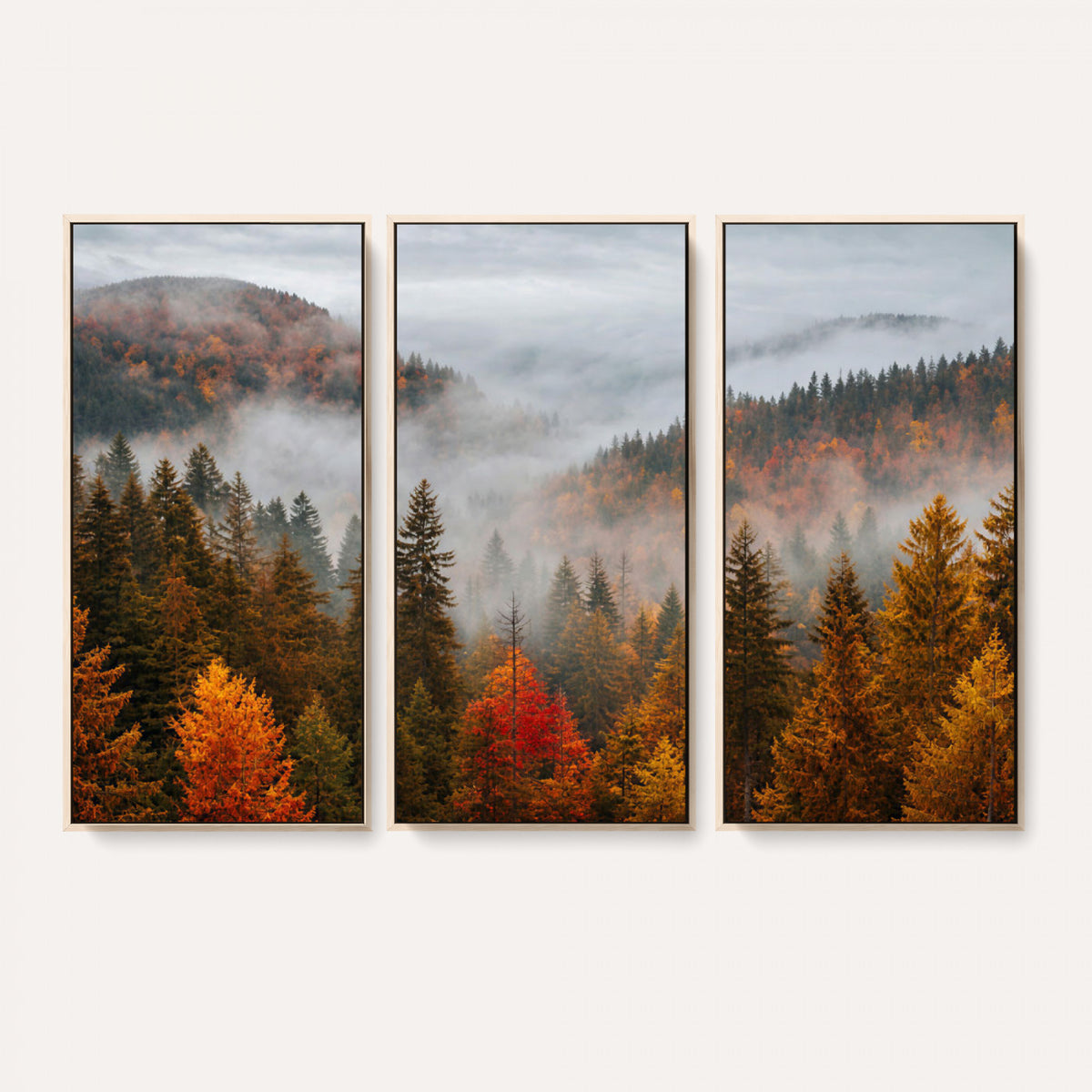 87481341-_Poster-30x20 - Foggy Autumn Mountain Canvas Print Smoky Pine Forest Wall Art Panoramic Nature Poster 3 Piece Made in USA