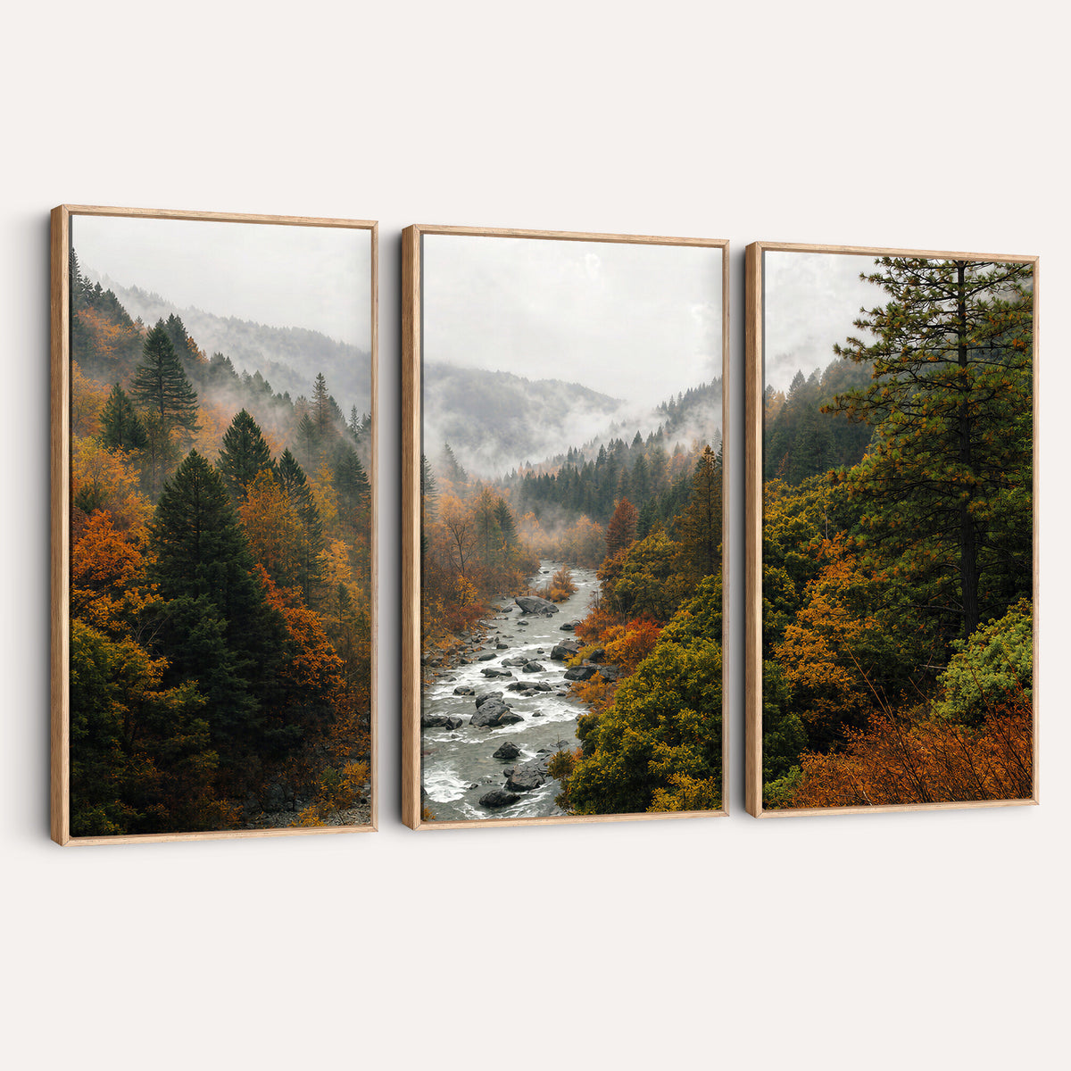 95540697-MGV-TP-30X20 - Misty River Mountain Valley Canvas Wall Art - Autumn Forest Landscape Nature Print