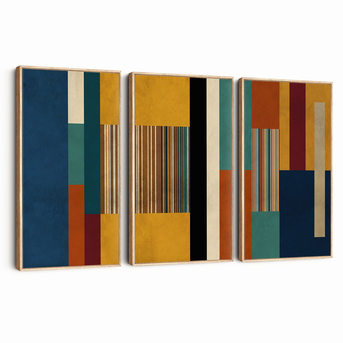 53992657-MGV-CV-48X32-3P - Mid Century Abstract Color Block Canvas Wall Art, Geometric Striped Canvas Print