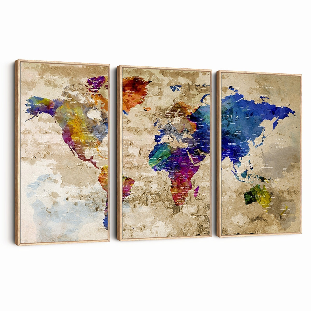 Colorful World Map Canvas Wall Art | Abstract Watercolor Map Print