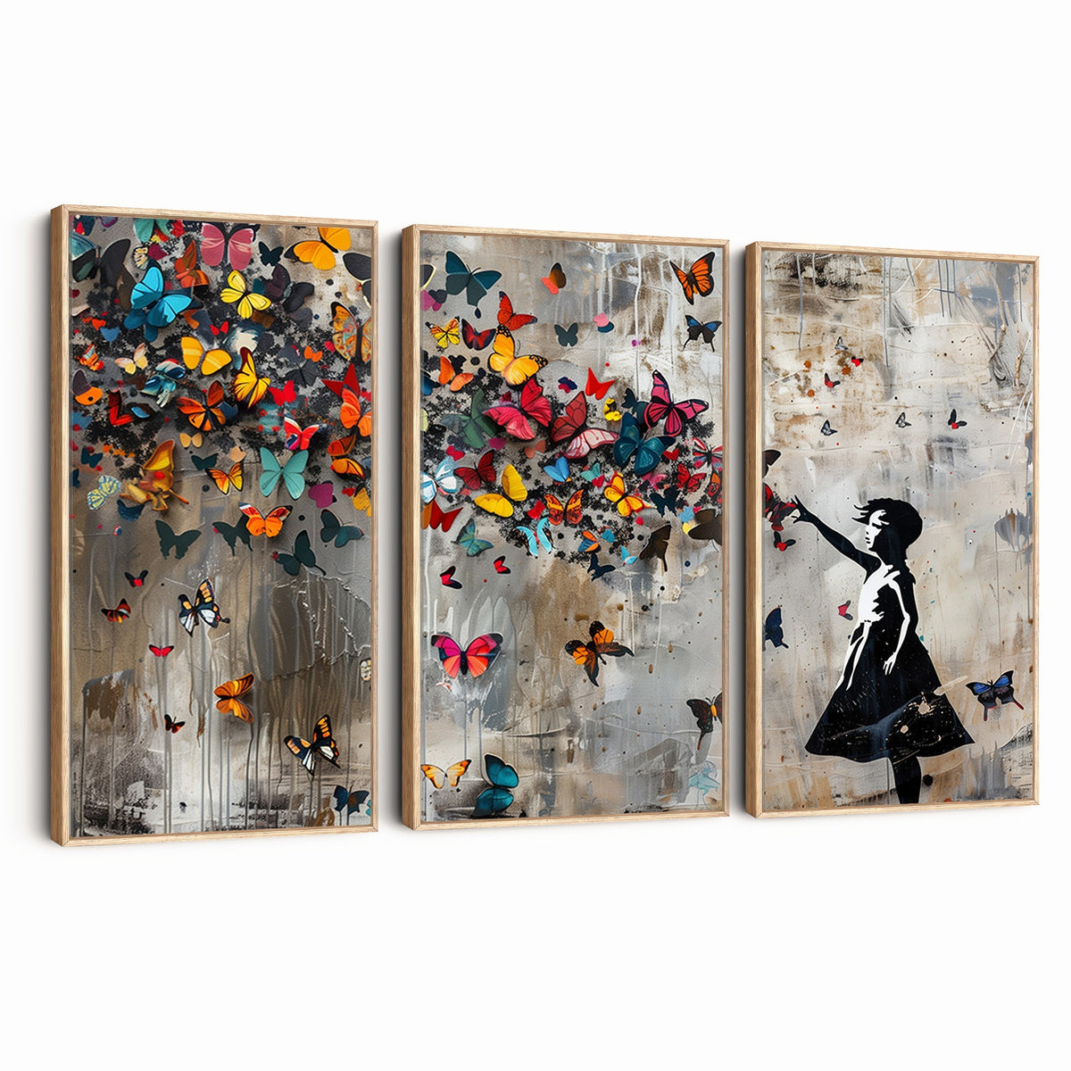 Banksy Wall Art, Banksy Girl and Butterfly Explosion Canvas Print | Extra Large 3 Piece Best Seller Wall Art