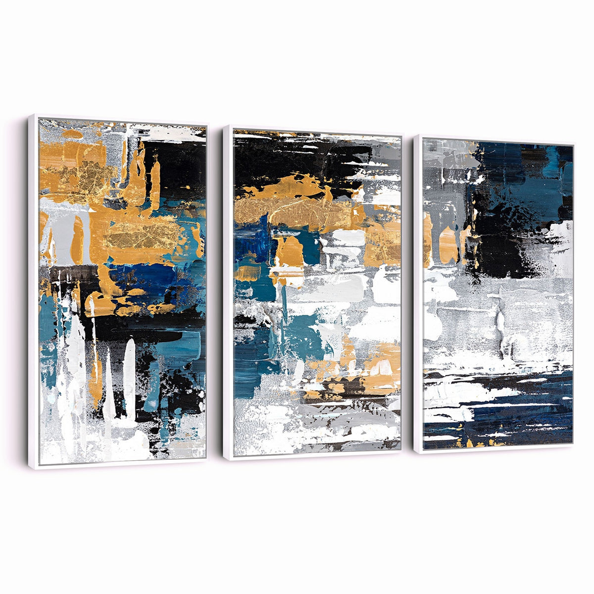 57708-_Poster-30x20 - Blue and Gold Abstract Canvas Wall Art | Triptych Modern Art Print