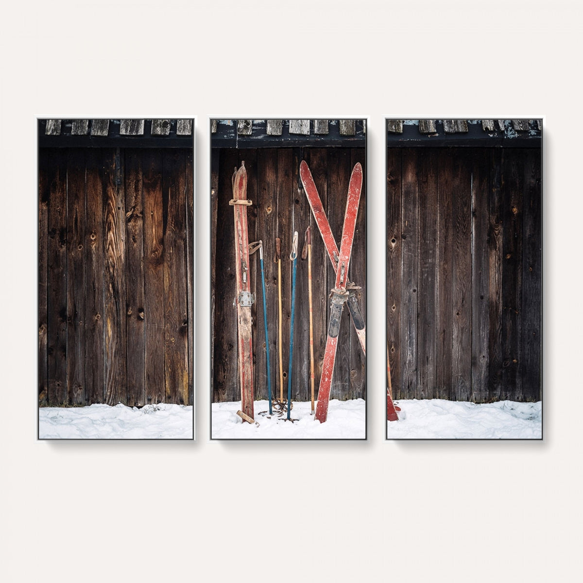 78590-MGV-CV-36X24 - Vintage Ski Gear Canvas Print, Vintage Ski Gear Against Wooden Cabin Wall