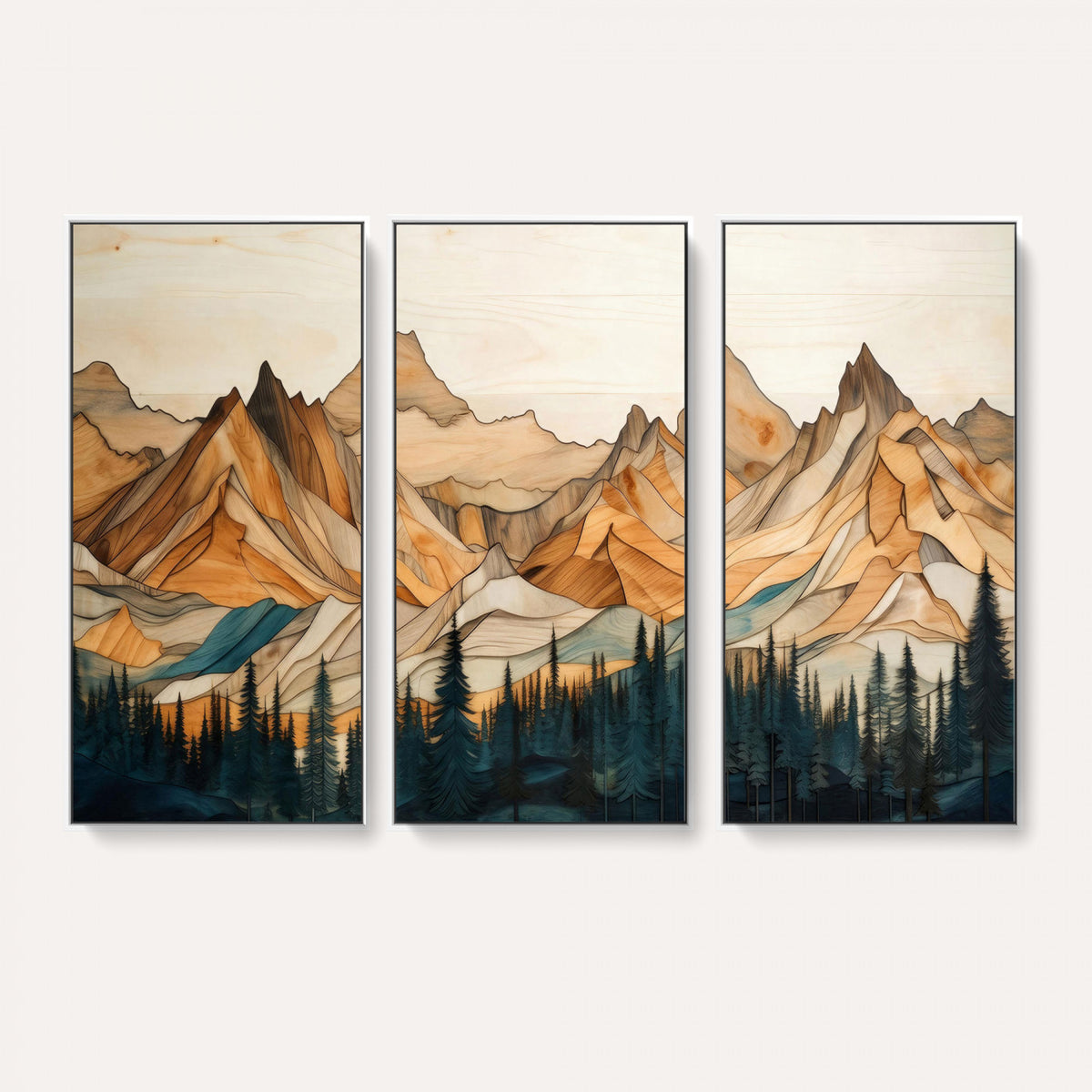31576-PAN-FL-20X10 - Rustic Wood Mountain Wall Art Print | Triptych Giclee Print Featuring Handcrafted Forest and