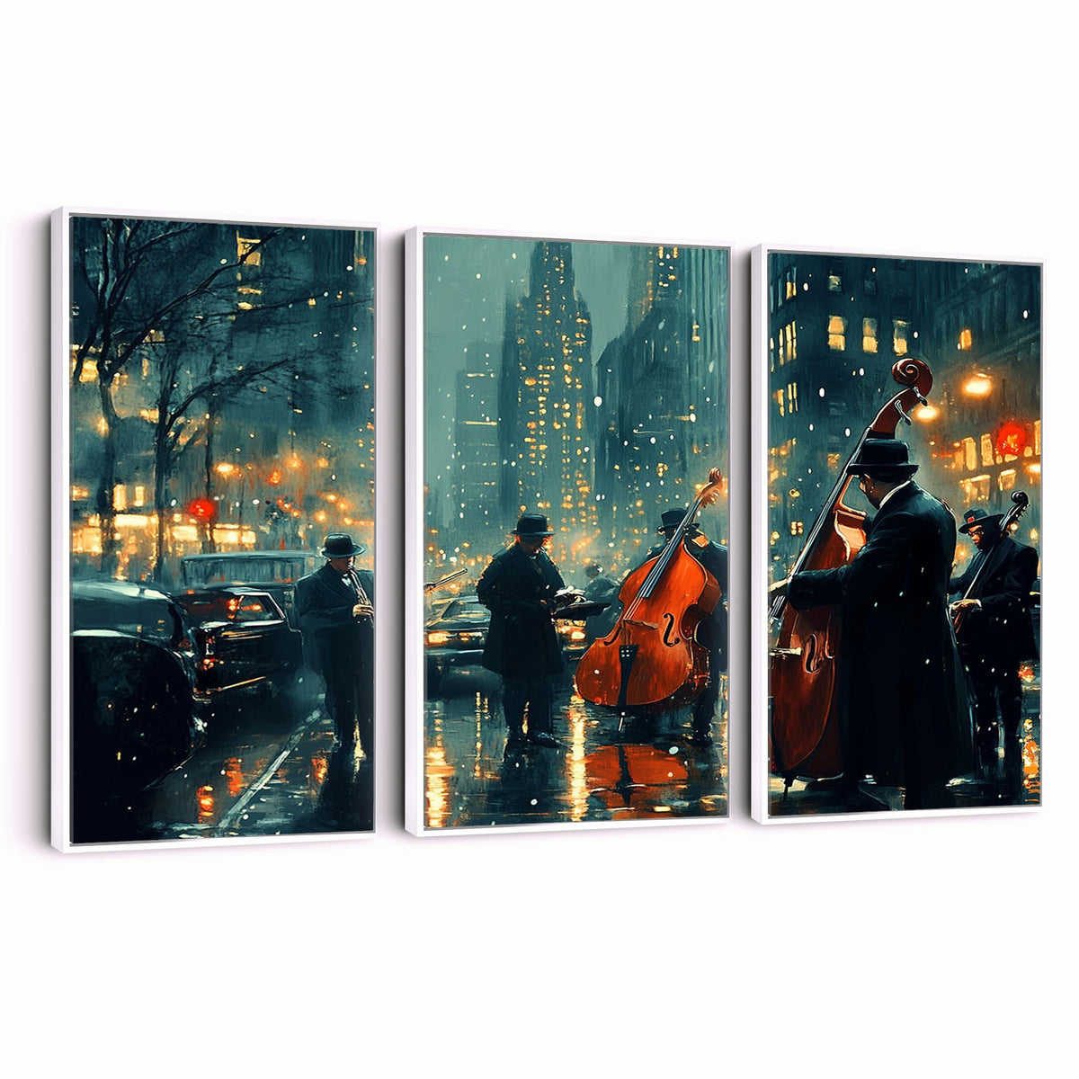 53391-MGV-CV-24X16 - Urban Night Jazz Wall Art Canvas Print | Moody Rain Soaked City Street Band Scene