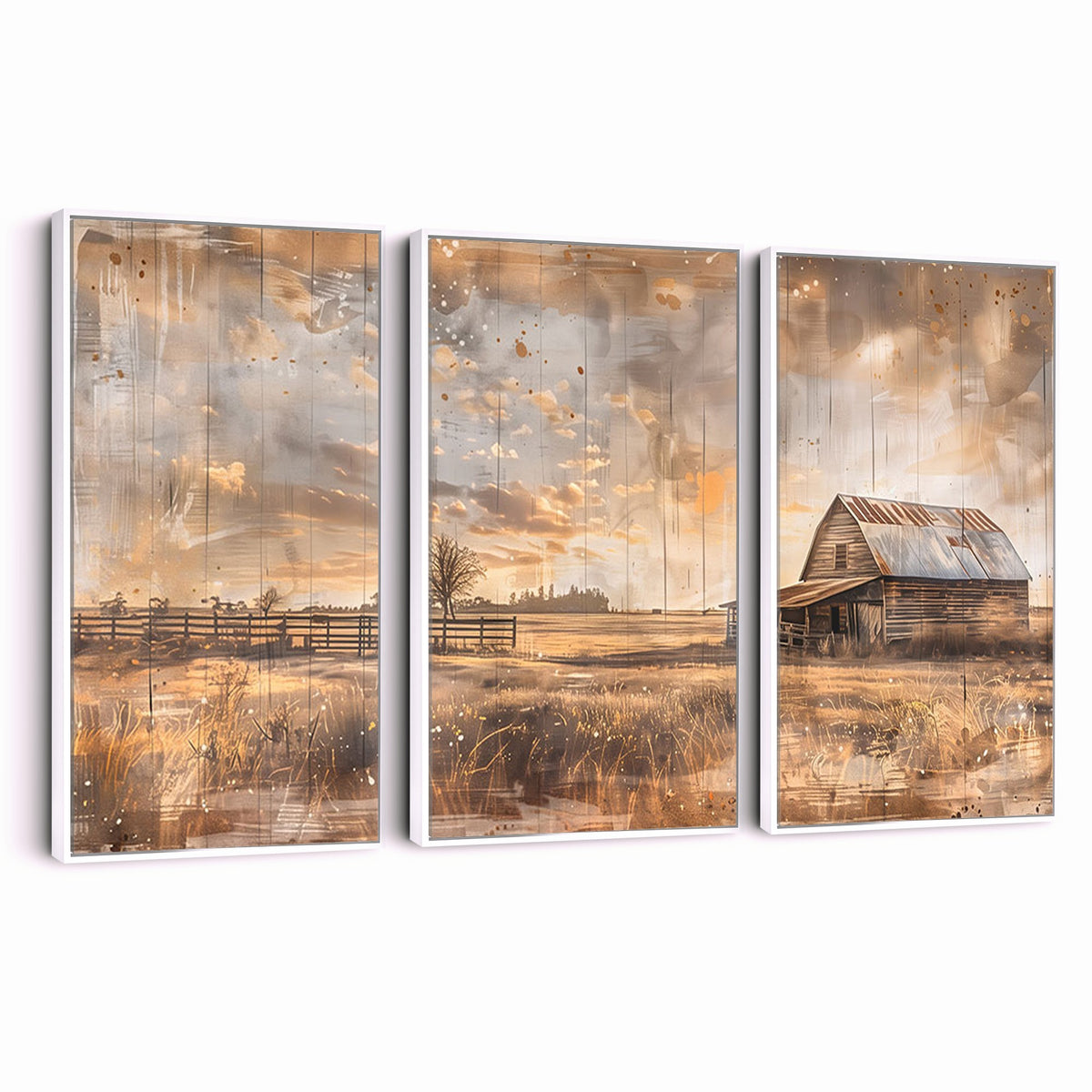 FARM2-MGV-CV-24X16 - Rustic Farmhouse Wall Art Canvas Print | Barn and Field Vintage Country Landscape
