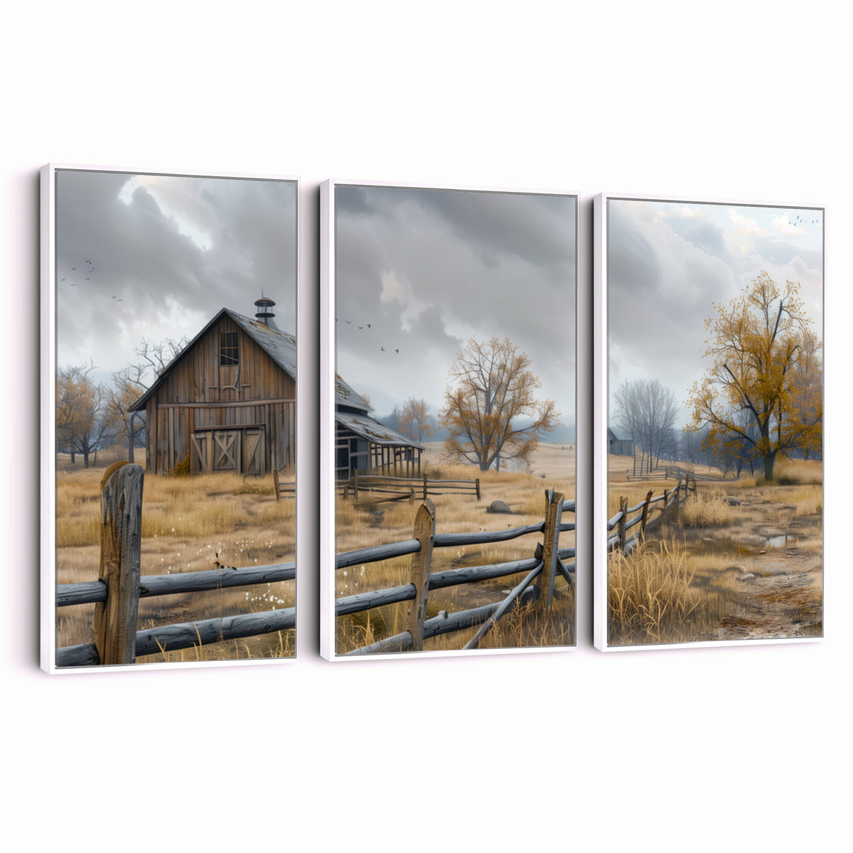 Farm1-MGV-CV-36X24 - Rustic Autumn Farmhouse Wall Art Canvas Print | Serene Countryside with Weathered Barn