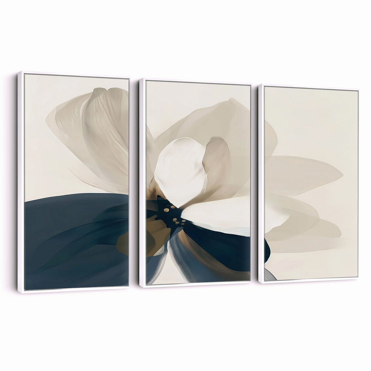 42188901-MGV-CV-24X16 - Minimal Flower Wall Art Canvas Print | Framed Beige and Navy Bloom