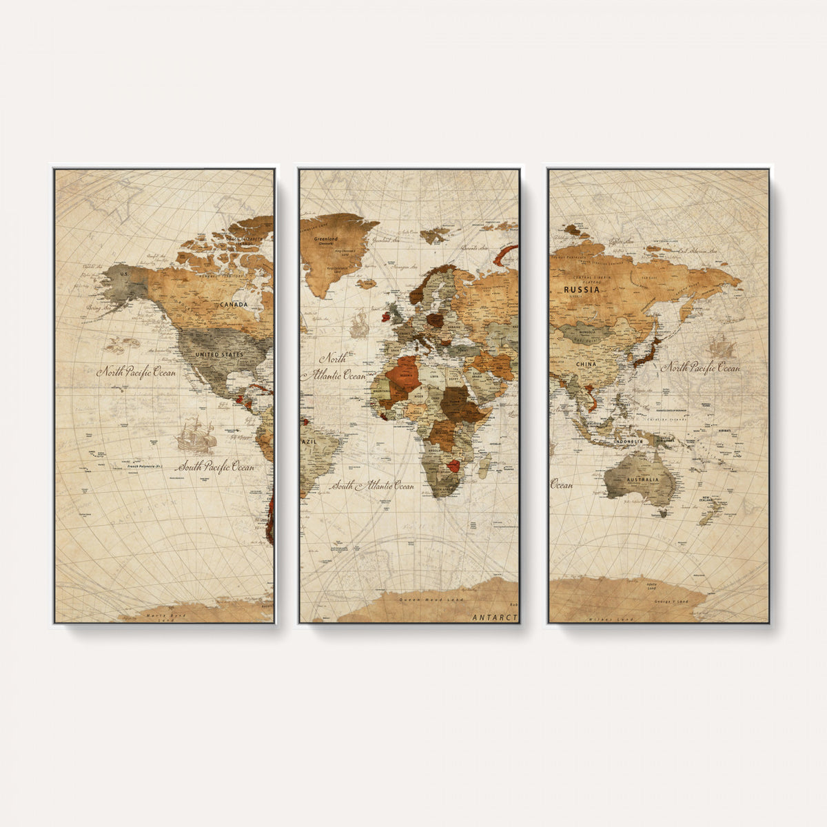 29684537-MGV-CV-36X24 - Vintage World Map Canvas Print, Framed Rustic Detailed Map of the World, Explorer Decor