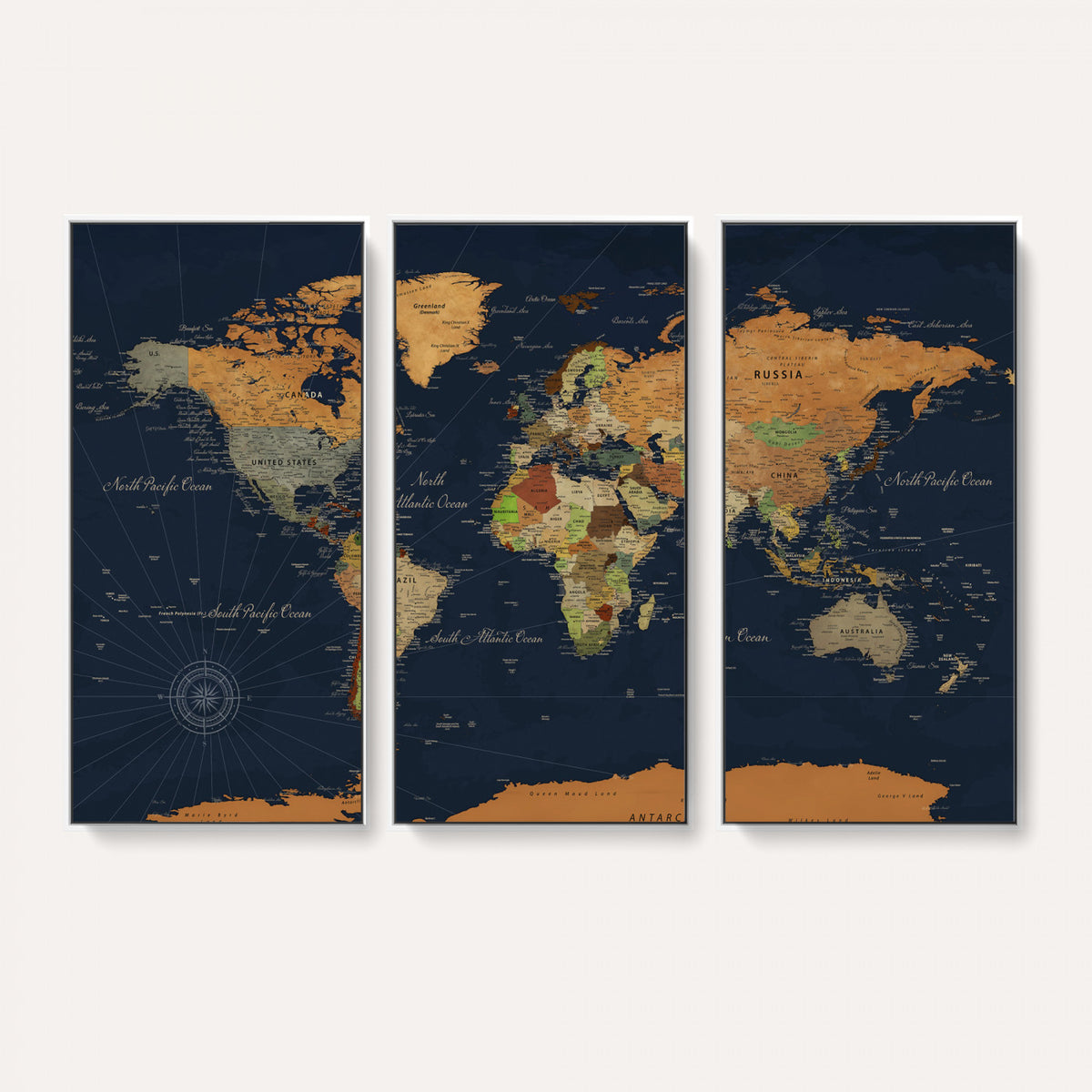 11715182-MGV-CV-36X24 - Modern World Map Canvas Print, Framed Detailed Map of the World Wall Art