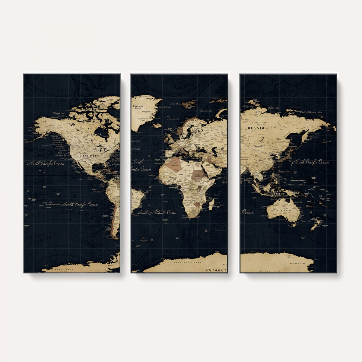 45063434-MGV-CV-36X24 - Dark World Map Canvas Wall Art Print, Minimal Black and Gold Map