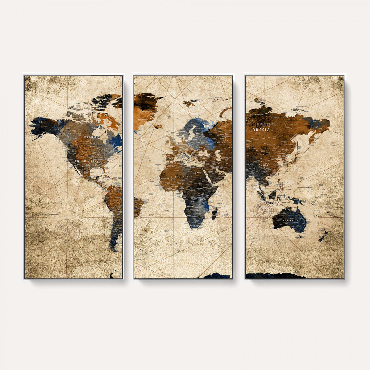 27163414-MGV-CV-36X24 - World Map Wall Art – Rustic Earth Tone Canvas Print, Antique