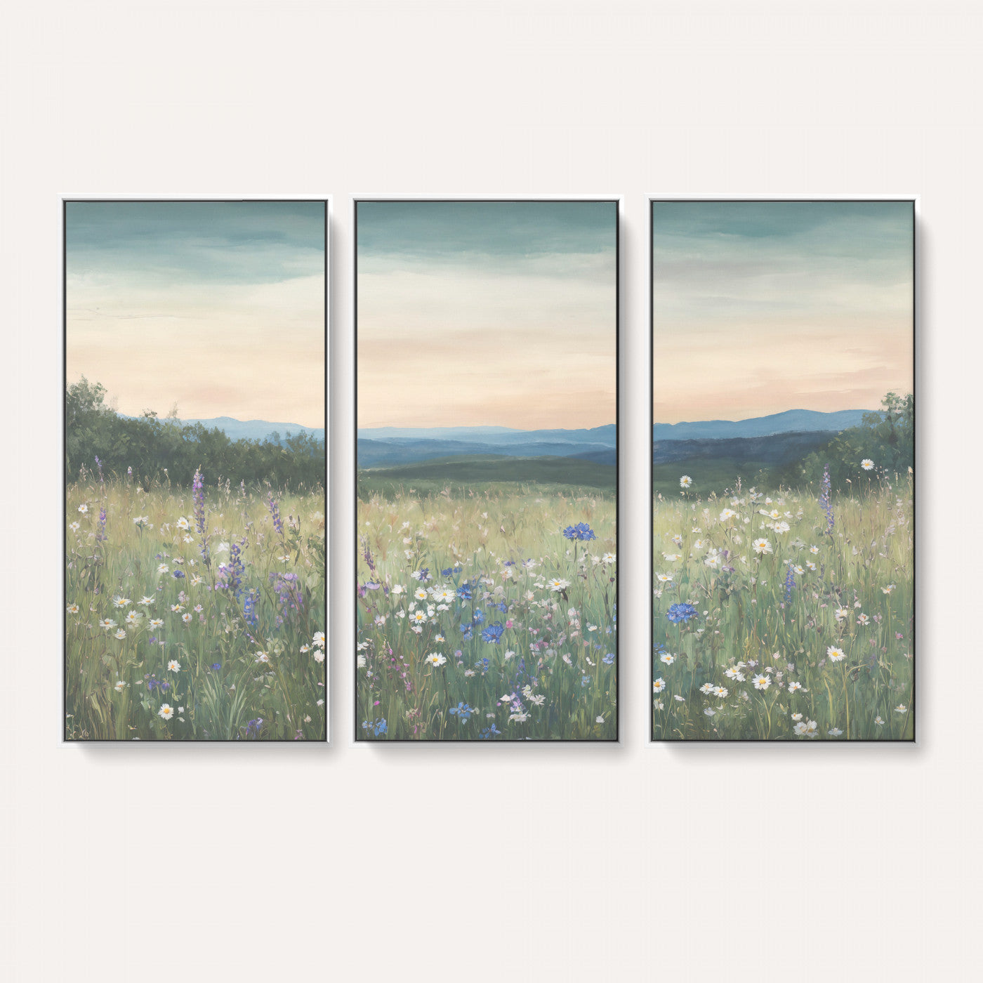 35773805-MGV-CV-36X24 - Wildflower Meadow Oil Painting Canvas Print - Daisy Lavender Mountain Sunset Print | Cottagecore Floral Wall Art - Bedroom Decor Gift for Her