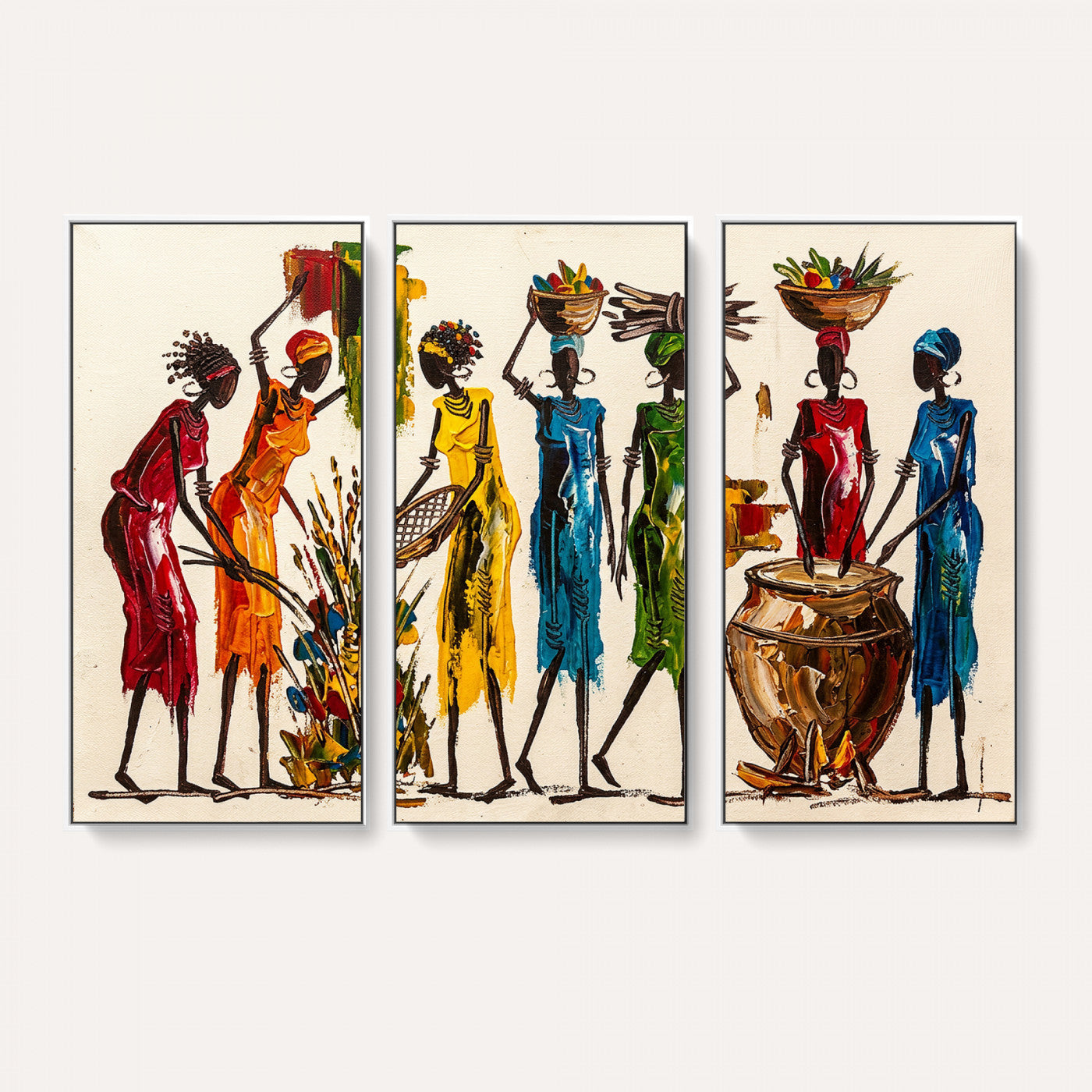 83463154-MGV-CV-36X24 - African Folk Art Canvas Wall Art, Colorful African Women Village Painting Print, Tribal Ethnic Home Decor, Vibrant African Art, Living Room