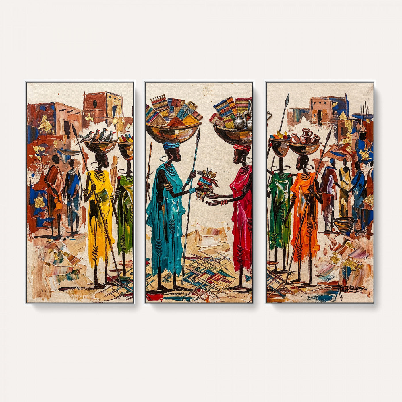 54818657-MGV-CV-36X24 - African Folk Art Canvas Wall Art, Colorful African Women Village Painting Print, Tribal Ethnic Home Decor, Vibrant African Art, Living Room