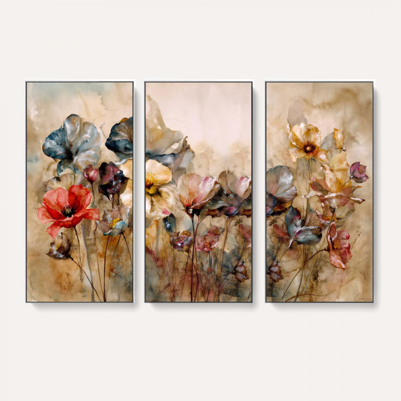 11407233-MGV-CV-36X24 - Vintage Dried Floral Meadow Wall Art Canvas Print, Translucent Watercolor Flowers Painting Print