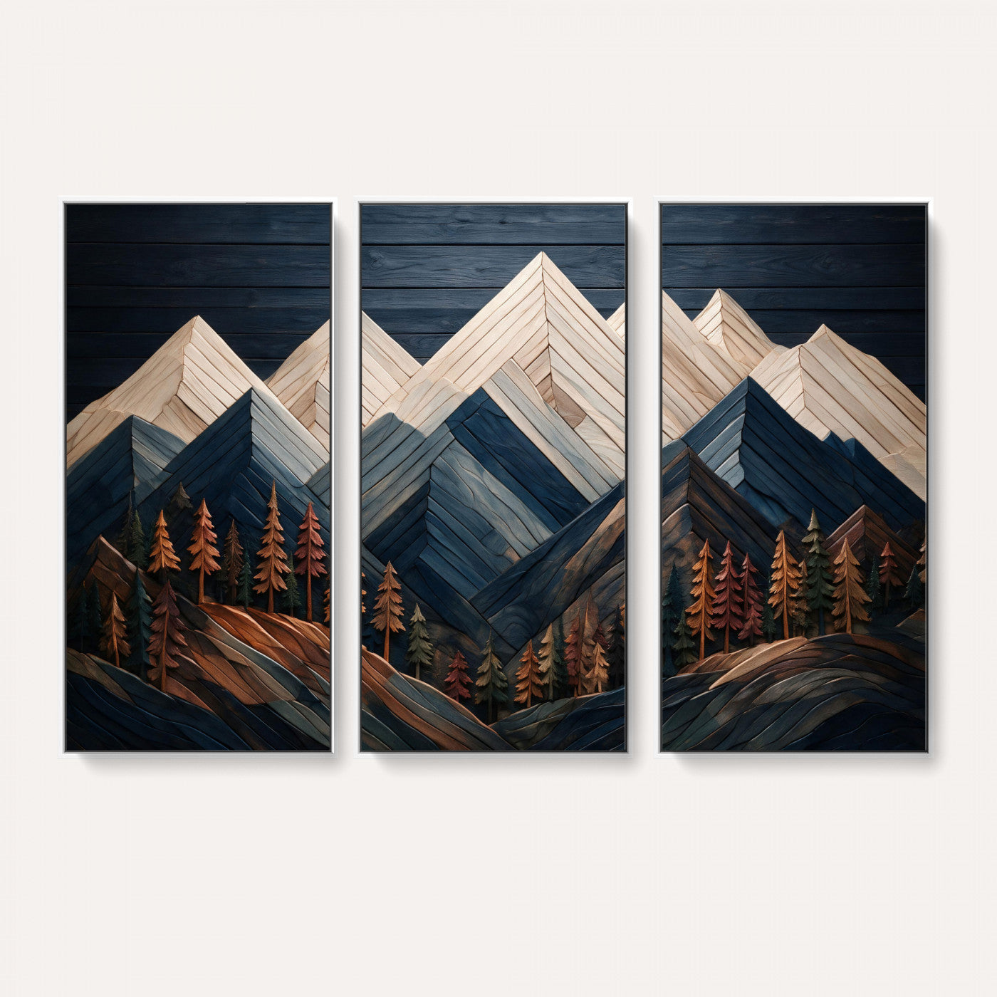 87765072-MGV-CV-36X24 - Geometric Wood Mountain Wall Art Canvas Print, 3D Look Rustic Mosaic Landscape Print