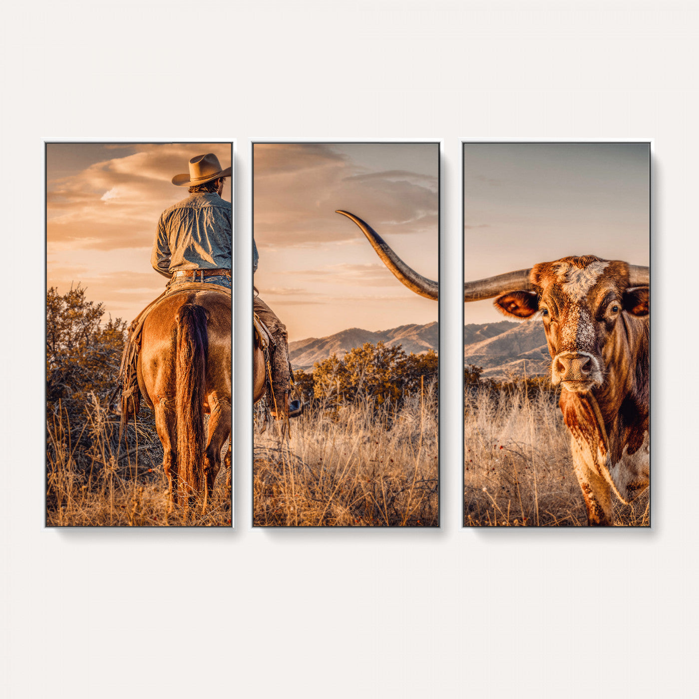 62076449C-MGV-CV-36X24 - Texas Cowboy and Longhorn Bull Print for Western Wall Art Decor for Farmhouse