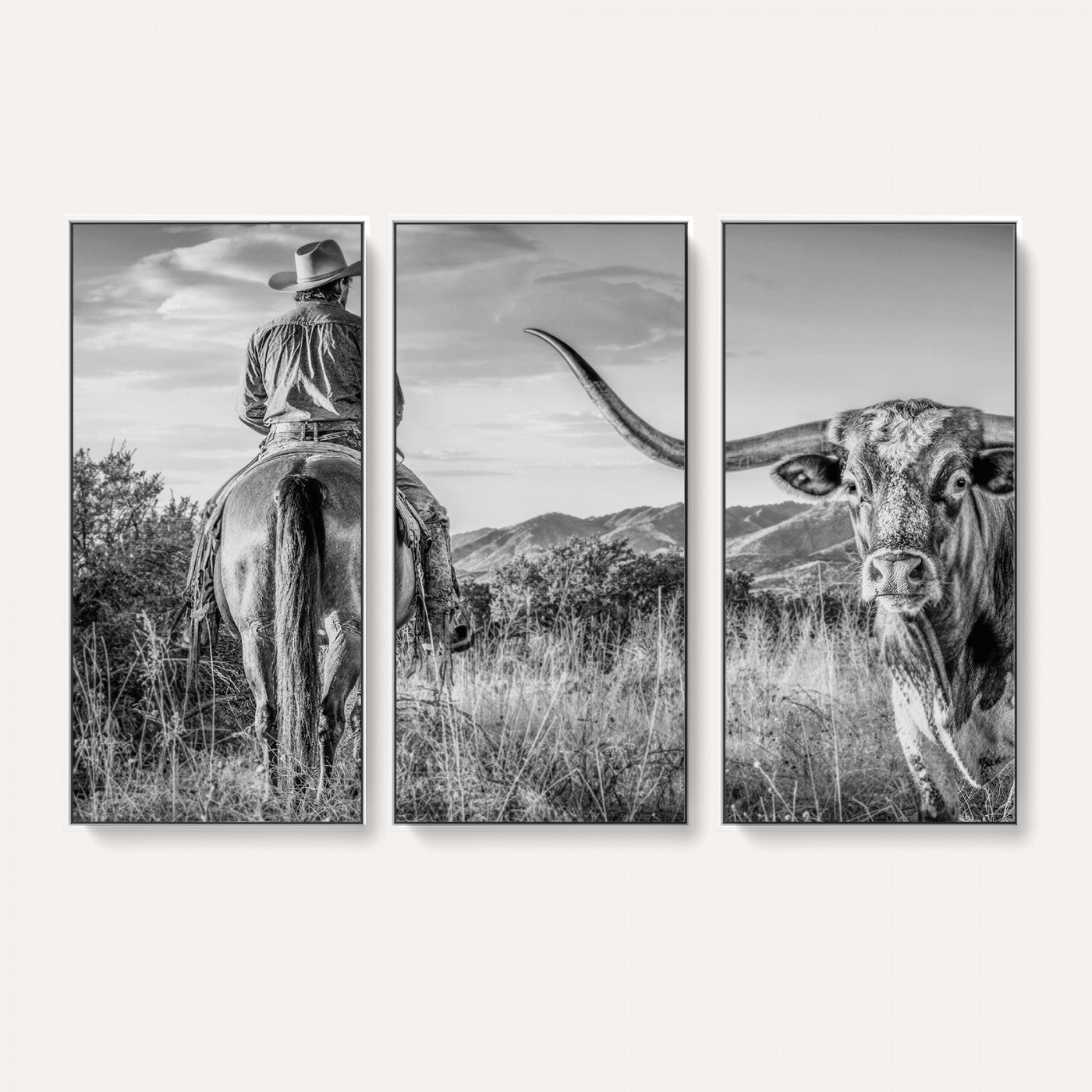 62076449WB-MGV-CV-36X24 - Texas Cowboy and Longhorn Bull Print for Western Wall Art Decor for Farmhouse