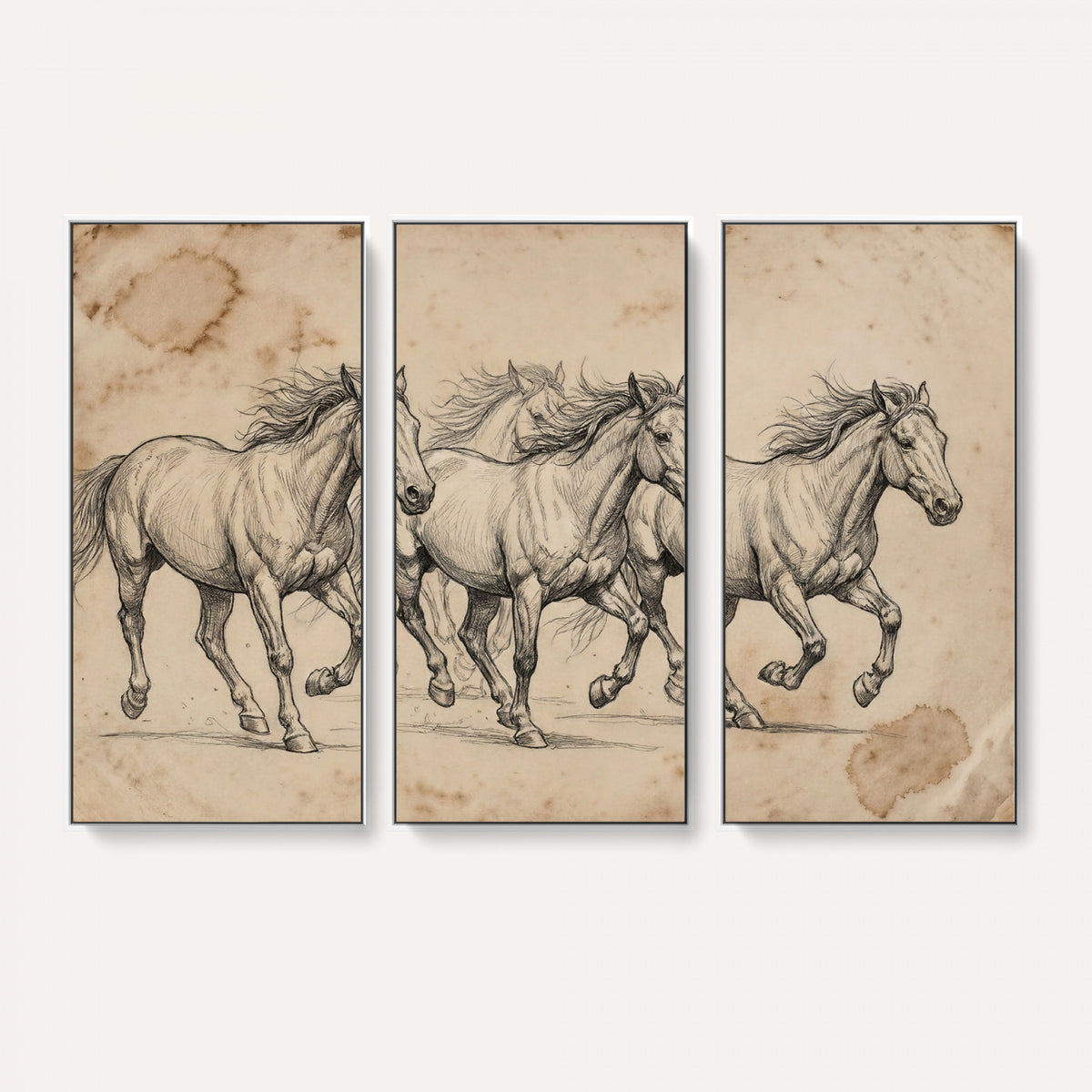 56046981-MGV-CV-36X24 - Sepia Wild Horses Canvas Art, Antique Pencil Drawing Print, Vintage Gallery Wall Decor, Rustic Equestrian Artwork, Traditional Den Gift