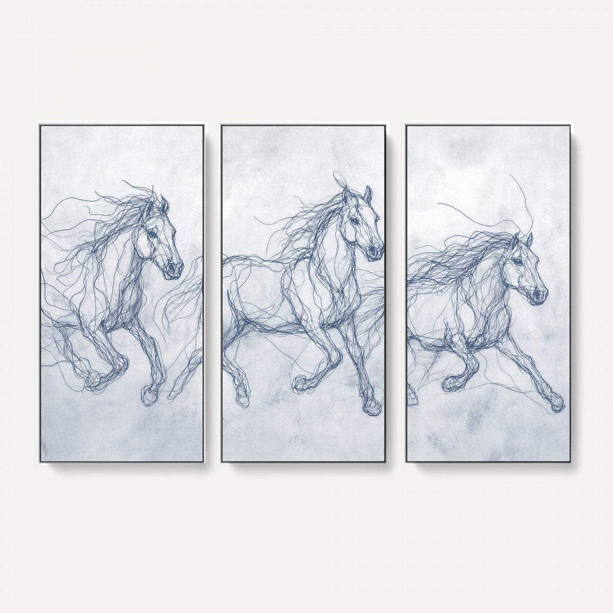 41163601-MGV-CV-36X24 - Indigo Blue Horse Line Art Canvas, Steel Grey Wild Horses Print, Abstract Navy Scribble Artwork, Modern Slate Equine Wall Decor, Coastal Ranch Gift