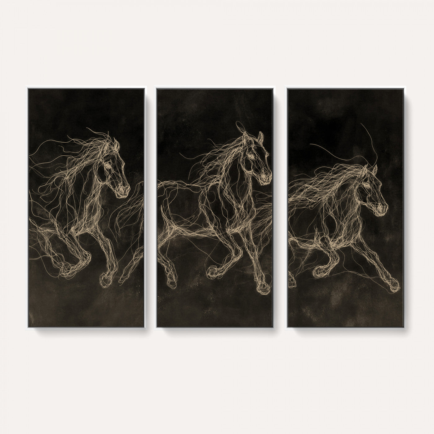 15344242-MGV-CV-36X24 - Dark Horse Line Art Canvas, Gold Scribble Wild Horses Print, Black Chalkboard Wall Art, Modern Luxury Equine Decor, Masculine Office Gift
