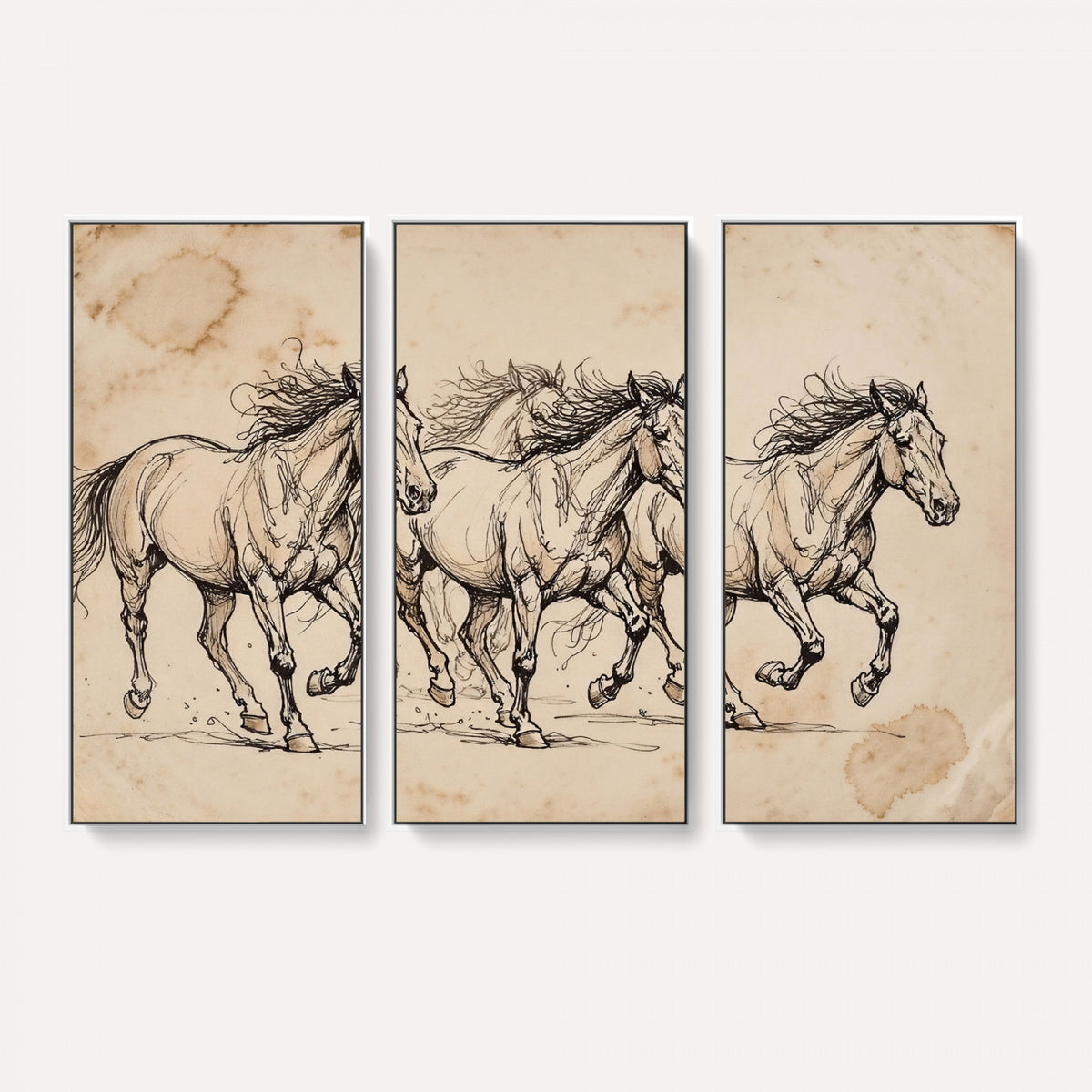18242163-MGV-CV-36X24 - Vintage Horse Sketch Canvas Wall Art, Wild Horses Pencil Drawing Print, Antique Parchment Western Decor, Equine Sketching, Country Manor Gift