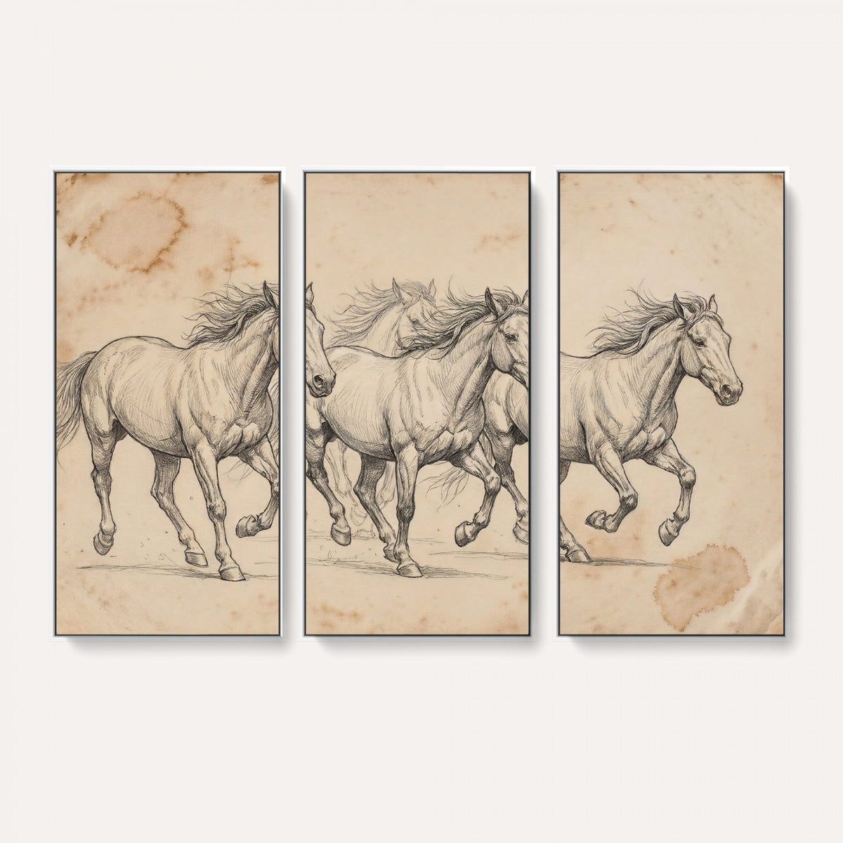 16644391-MGV-CV-36X24 - Vintage Horse Sketch Canvas Wall Art, Wild Horses Pencil Drawing Print, Antique Parchment Western Decor, Equine Sketching, Country Manor Gift