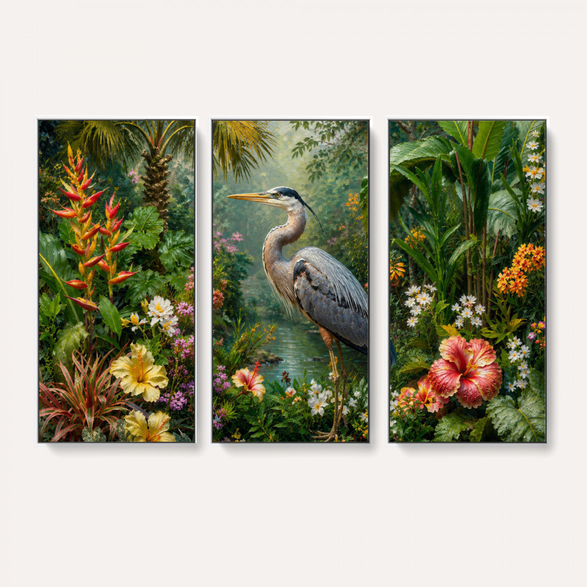 81059387-MGV-CV-36X24 - Great Blue Heron Tropical Jungle Wall Art Canvas Print, Exotic Botanical Garden Painting Print