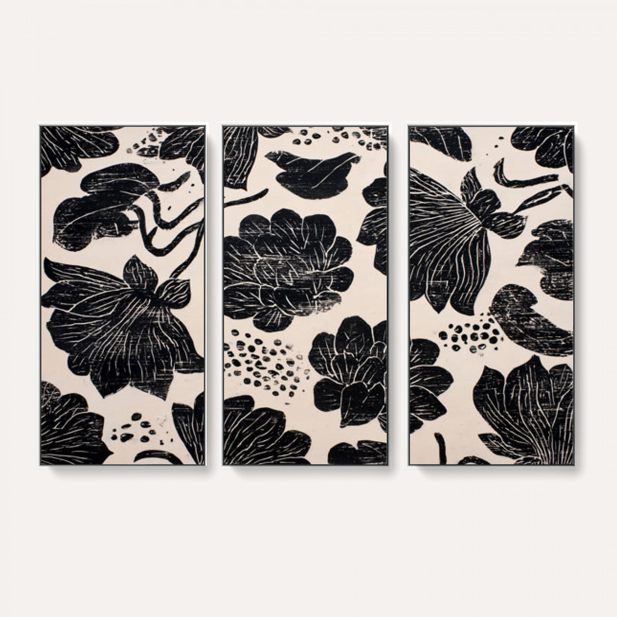 81787117-MGV-CV-36X24 - Linocut Black Lotus Floral Wall Art Canvas Print, Vintage Monochrome Botanical Painting Print