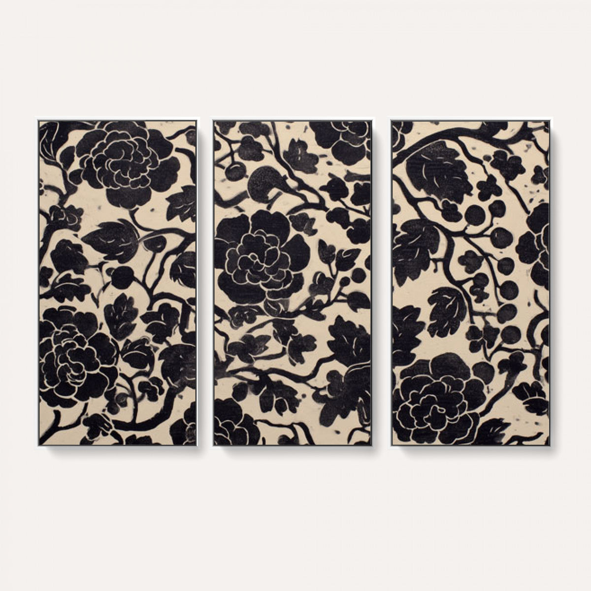 86696255-MGV-CV-36X24 - Vintage Black and Cream Floral Wall Art Canvas Print, Chinoiserie Botanical Painting Print