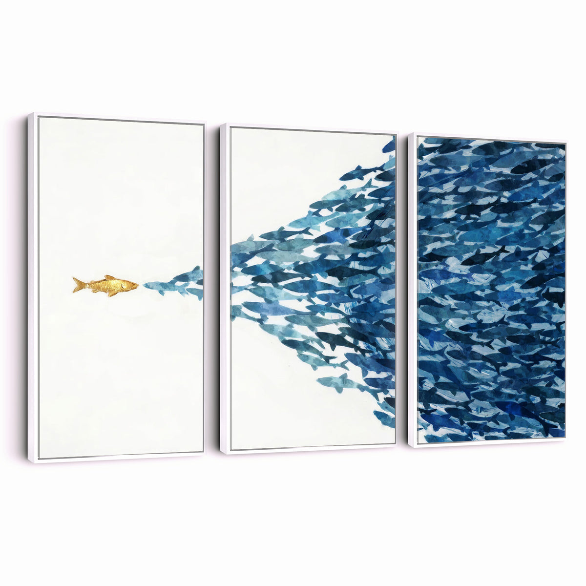 79089639-MGV-CV-36X24 - Abstract Blue Fish School Canvas Wall Art, Gold Foil Accent Marine Print