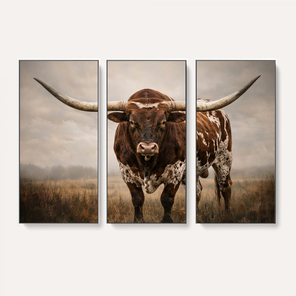 25239047A-MGV-CV-36X24 - Texas Longhorn Canvas Wall Art Western Bull Desert Moody Grey Overcast Rustic Farmhouse Framed Large for Living Room Bedroom Office Decor